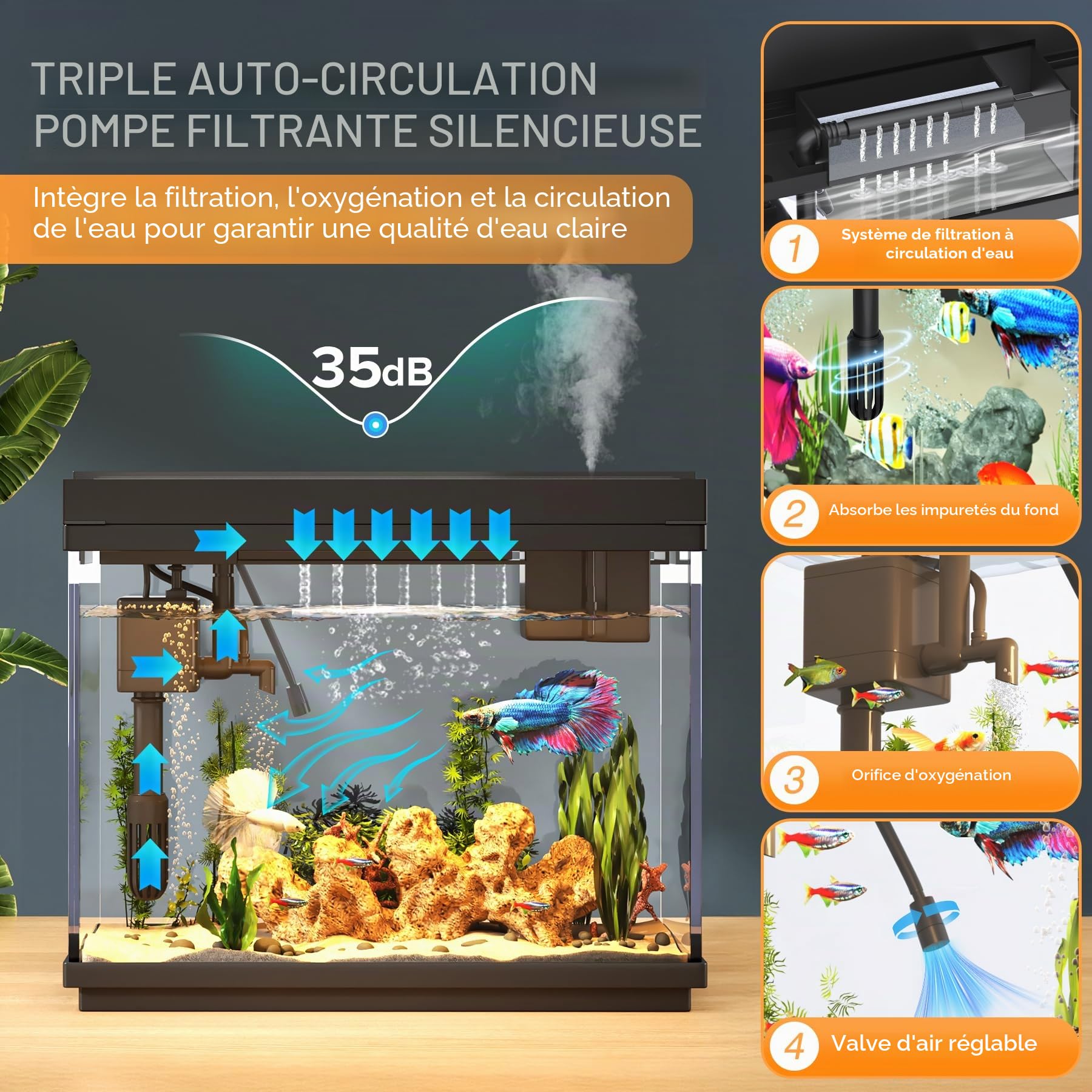 Vehipa Aquarium de 9 litres, kit de démarrage pour Aquarium | avec Pompe silencieuse 3 en 1, humidificateur Intelligent, Affichage de la température, éclairage 7 Couleurs