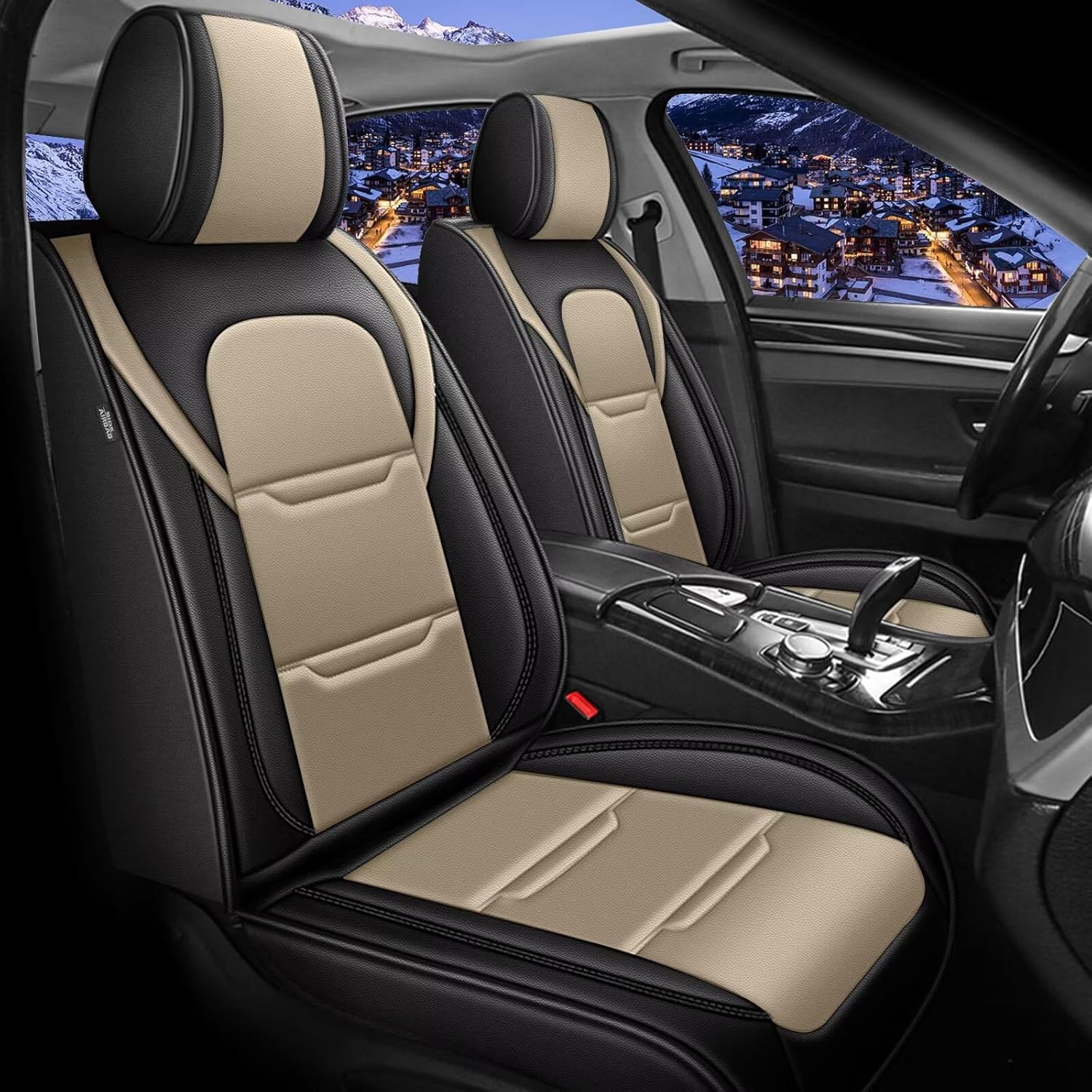 YORKNEIC 2 Front Seat Covers Fit for Cadillac STS 2005-2011 Leather Car Seat Covers for STS Automotive Seat Cushion Waterproof Car Seat with Airbag Compatible(2 Front Seat,Black&Beige)