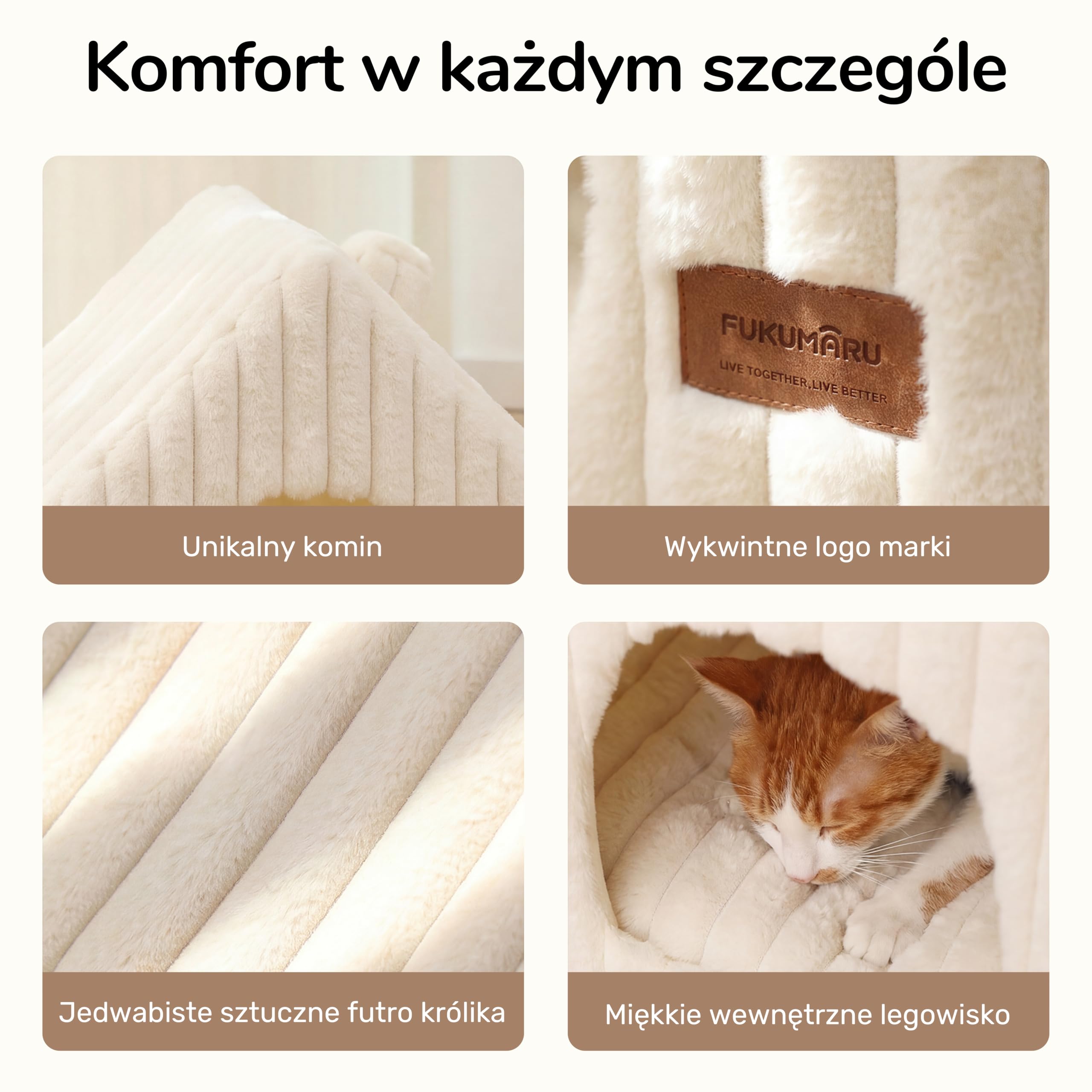 FUKUMARU Legowisko dla Kotów i Małych Psów – Półzamknięte, z Miękką Poduszką, Wykonane ze Sztucznego Futra Królika, 44 cm, Zmywalne, Kremowy