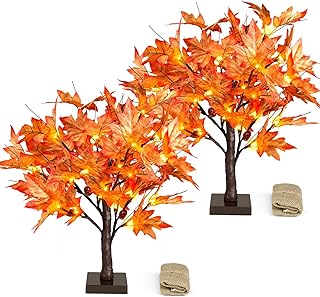 2 Pack 18 Inch Prelit Fall Maple Tree with 72 Lights, 144 Leaves, 12 Acorns, 1.5FT Tabletop Autumn Artificial Tree, Fall Light Up Tree for Thanksgiving Christmas Halloween Harvest Home Decor