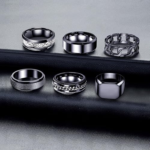 Miniatura 4 de LOWNOUR Anillos para hombres y mujeres, 6 unidades, anillos de acero inoxidable negro para hombre, anillo para ansiedad, alivio de la ansiedad,