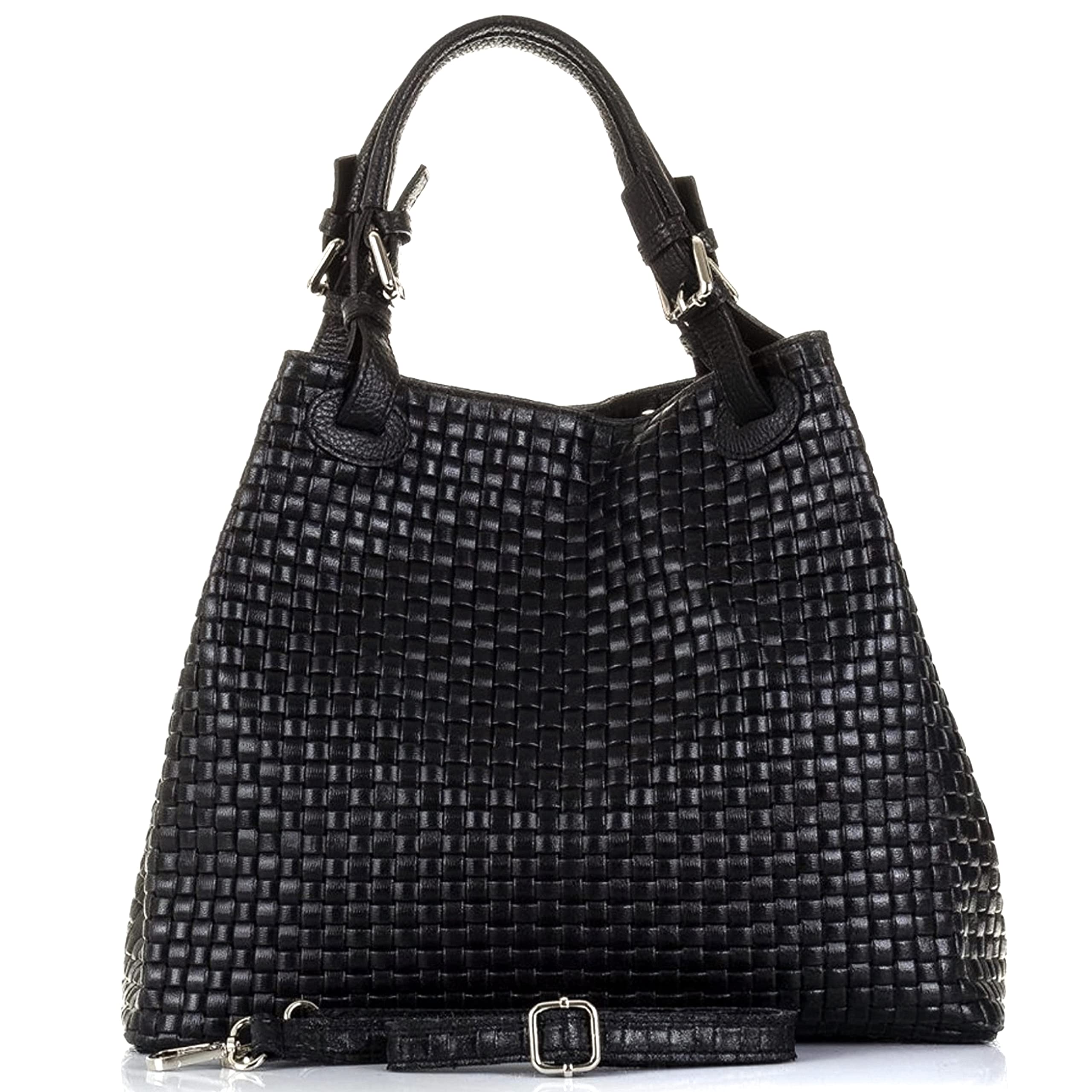 Bolso de mano estampado trenzado para mujer con correa de piel auténtica - 33 x 17 x 29 cm, Negro , 33x17x29 Cm