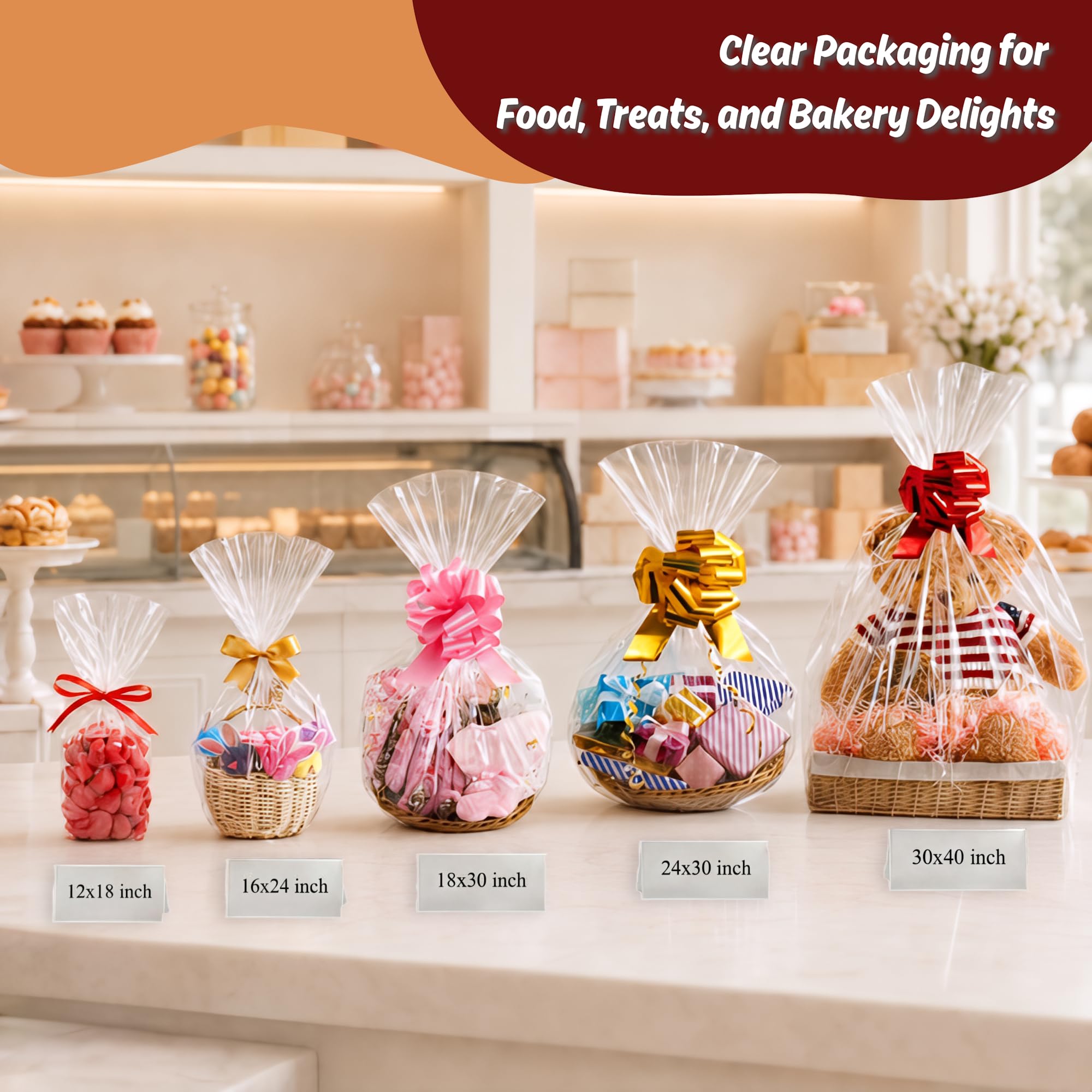 Wowfit Cello Bags,10 CT 24x30 inches Clear Cellophane Bags Perfect for Gift Baskets, Presents, Weddings, Bridal/Baby Showers and More (Flat, No Gusset, Ribbon Not included)