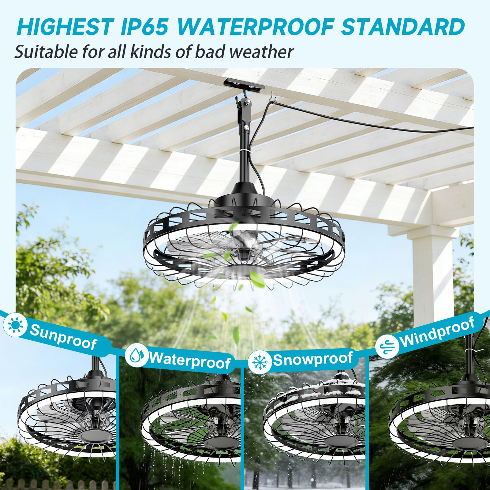 20" IP65 Waterproof Outdoor Ceiling Fan with Light, Plug-in Caged Hanging Fan, 3CCT Dimmable & 6-Speed Adjustment for Patio Porch Pergola Gazebo - 5