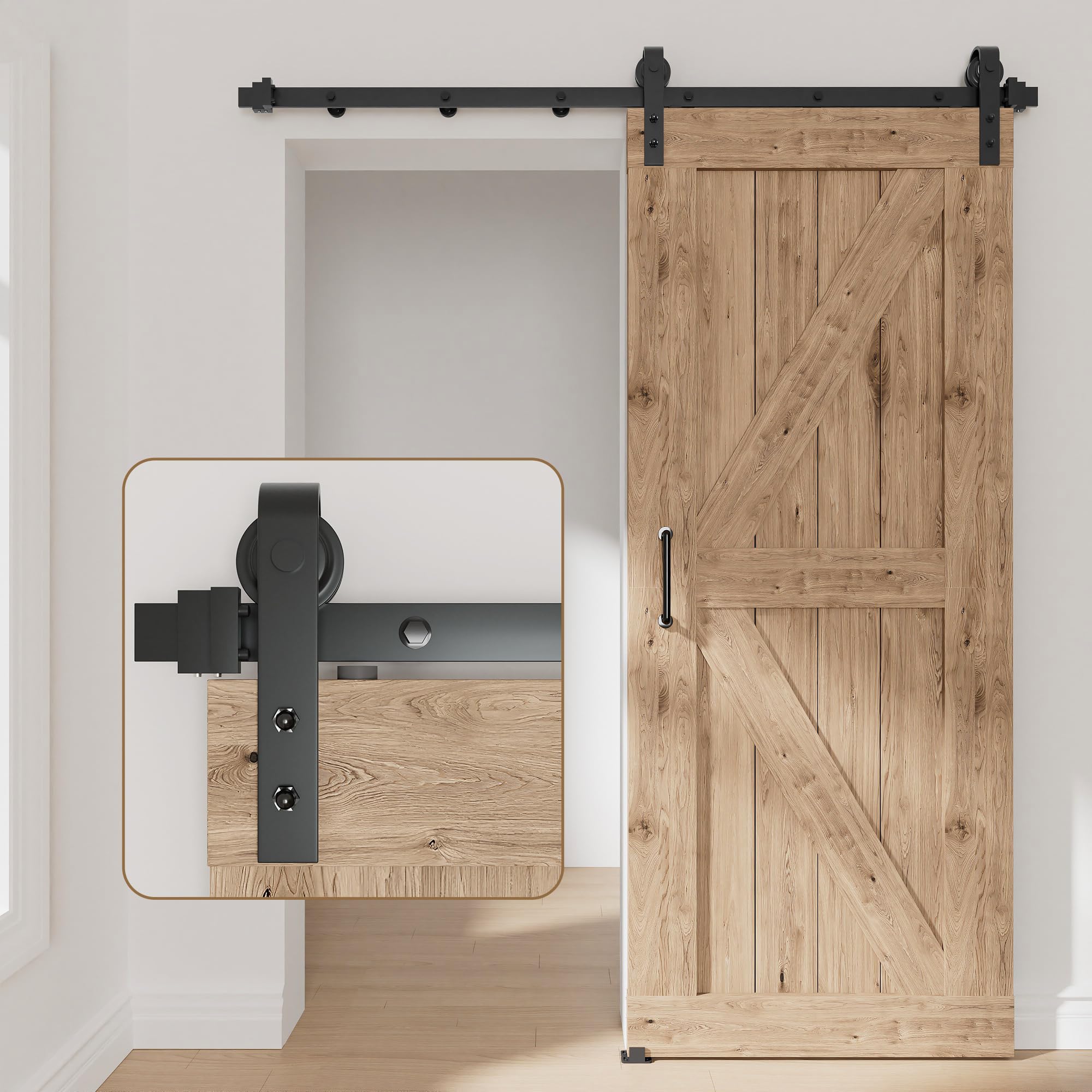 DonYoung 8FT Sliding Barn Door Hardware Kit, Upgraded Screw Fixation Modular Track, Heavy Duty Barn Door Track Kit Fits Single Door 42