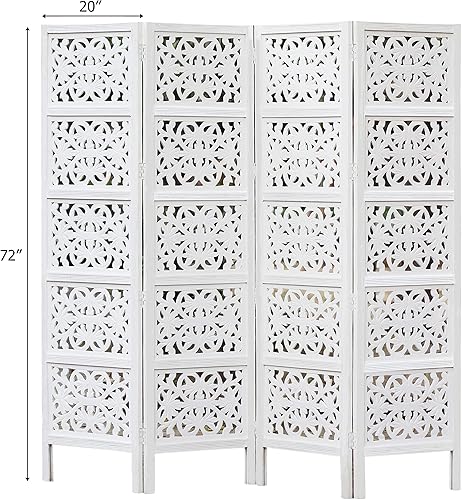 Miniatura 2 de Rania - Partición de madera para separar habitaciones, color blanco antiguo, 4 paneles plegables de 72 x 80 pulgadas, intrincada tallada a mano,
