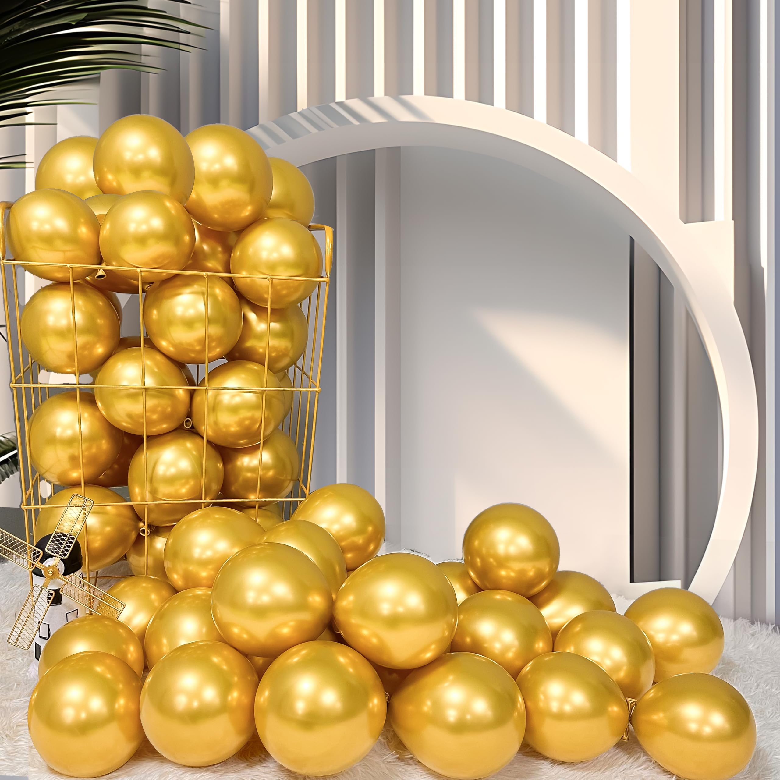 Firomi Metallic Chrome Gold Balloons 5-inch 100 Pack (with 2 Ribbons)