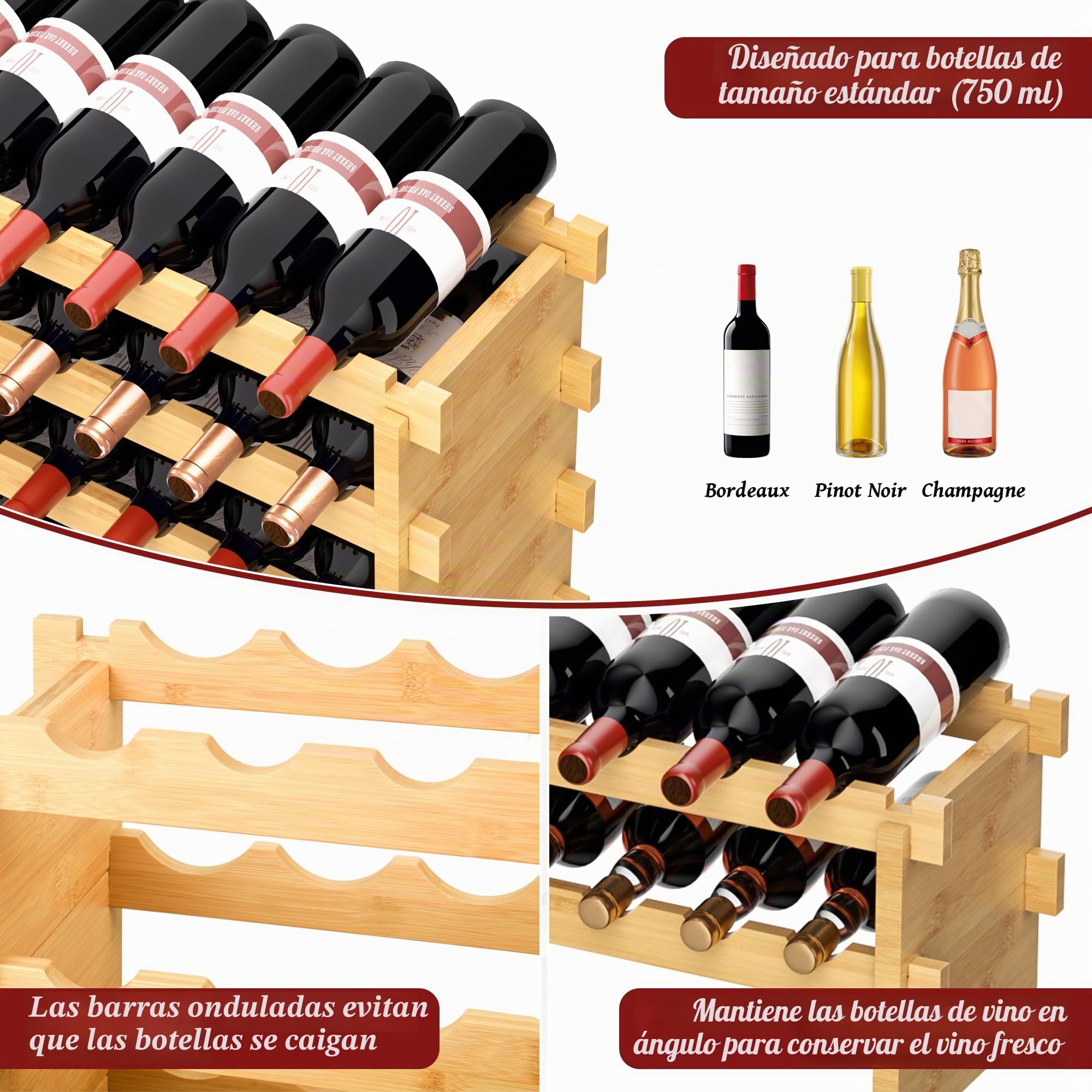 VASMIA Botellero de Bambú Apilable, Independiente para 72 Botellas, sin Montaje, 8 Niveles, para Cocina, Bar, Comedor, Sótano, Natural