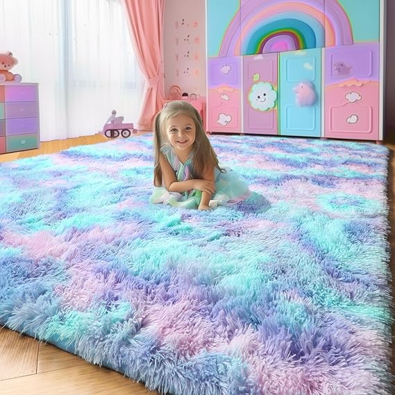 Amdrebio Purple Rainbow Rugs for Bedroom Girls Room Decor, Soft Fluffy Cute Area Rug 4x6 for Kids Room Playroom Nursery Dorm, Mermaid Stitch Frozen Fuzzy Carpet, Plush Kawaii Furry Baby Toddler Rug