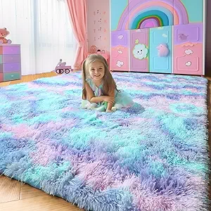 Amdrebio Purple Rainbow Rugs for Bedroom Girls Room Decor, Soft Fluffy Cute Area Rug 4x6 for Kids Room Playroom Nursery Dorm, Mermaid Stitch Frozen Fuzzy Carpet, Plush Kawaii Furry Baby Toddler Rug