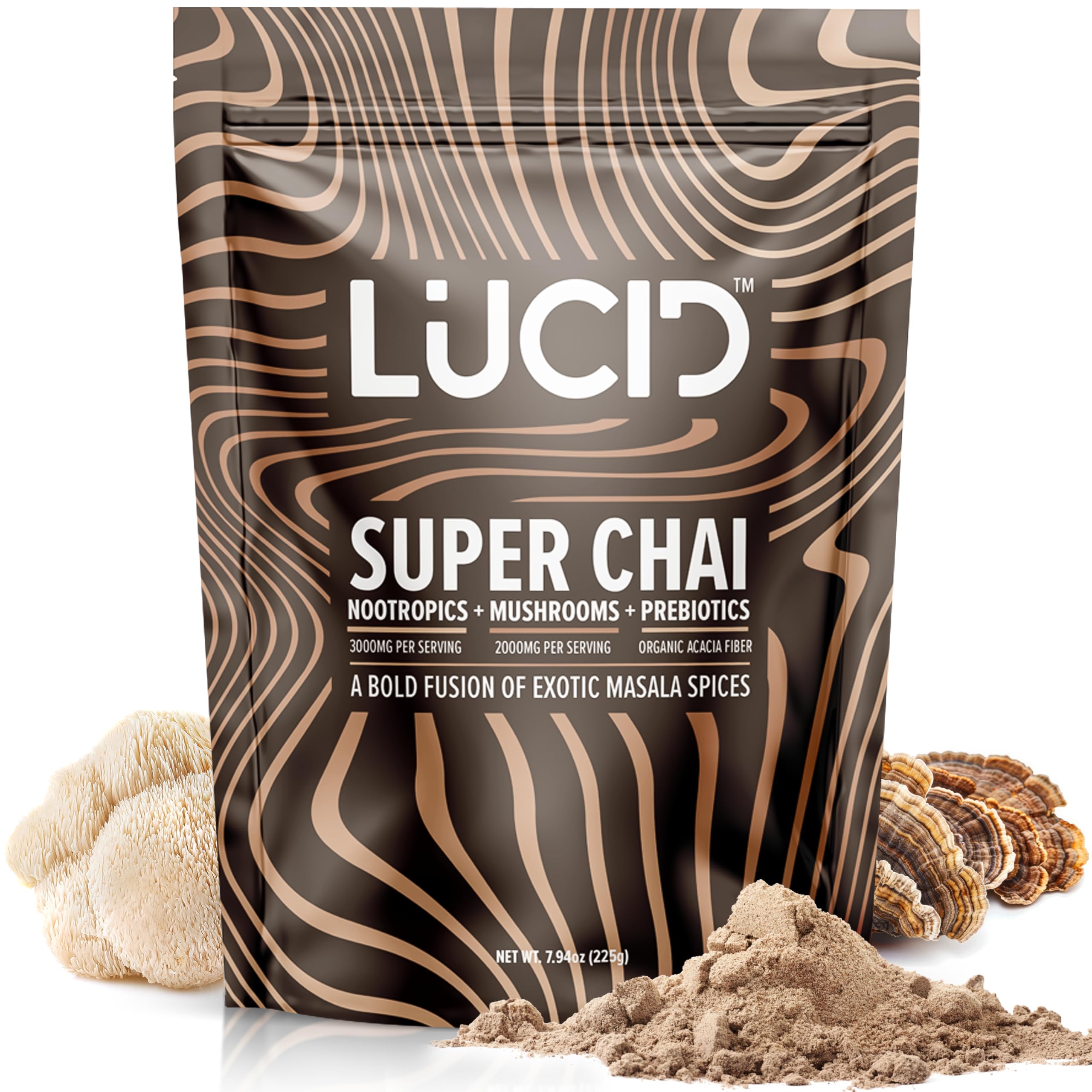 Lucid Superfood Organic Mushroom Chai with Nootropics - Lion's Mane, Tremella, Cordyceps & Turkey Tail - Instant Mushroom Chai Focus Brain Health - Alpha GPC, L-Theanine, Ginko Biloba - USA Made
