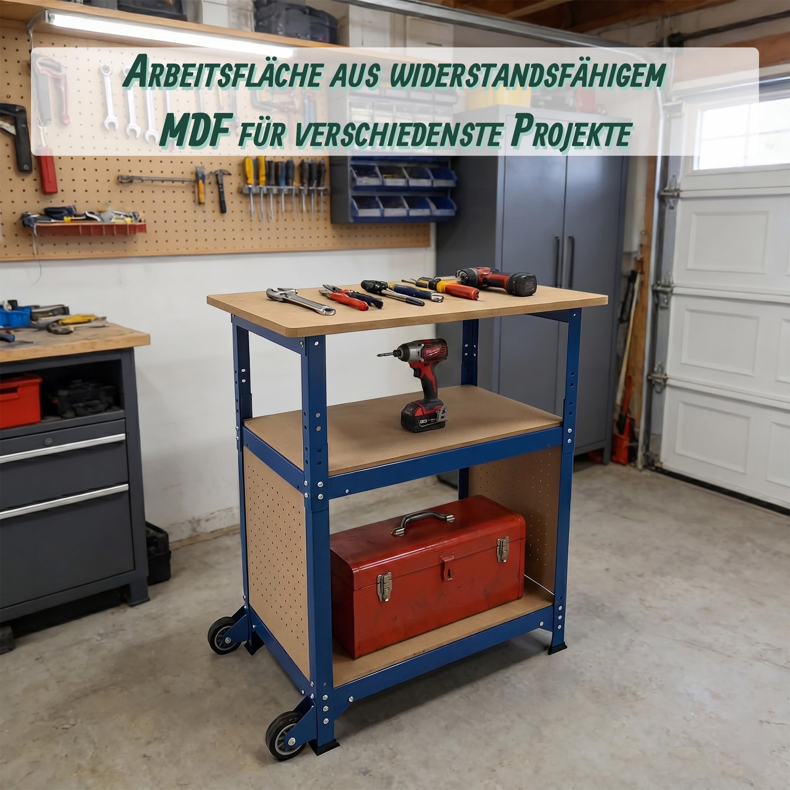 Relaxdays Werkbank, mit Rollen, HBT: 69,5x72,5x50 cm, höhenverstellbar, Werktisch mit Lochwand, Stahl & MDF, blau
