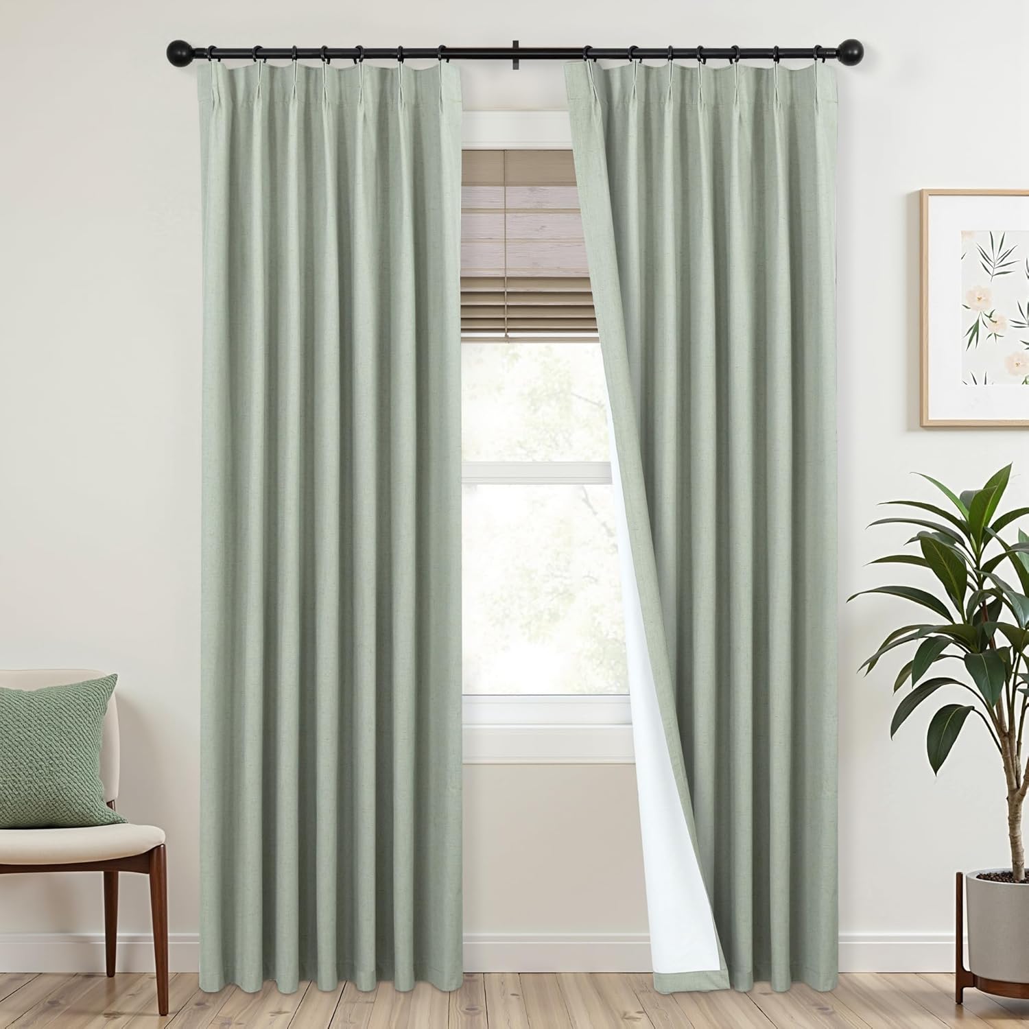 Mrs.Naturall Sage Green Blackout Curtains 84 Inches Long Boho Farmhouse Linen Black Out Curtains for Bedroom Living Room,Pinch Pleated Curtains Drapes Cottage Core Curtain 84 in Length 2 Panels Set