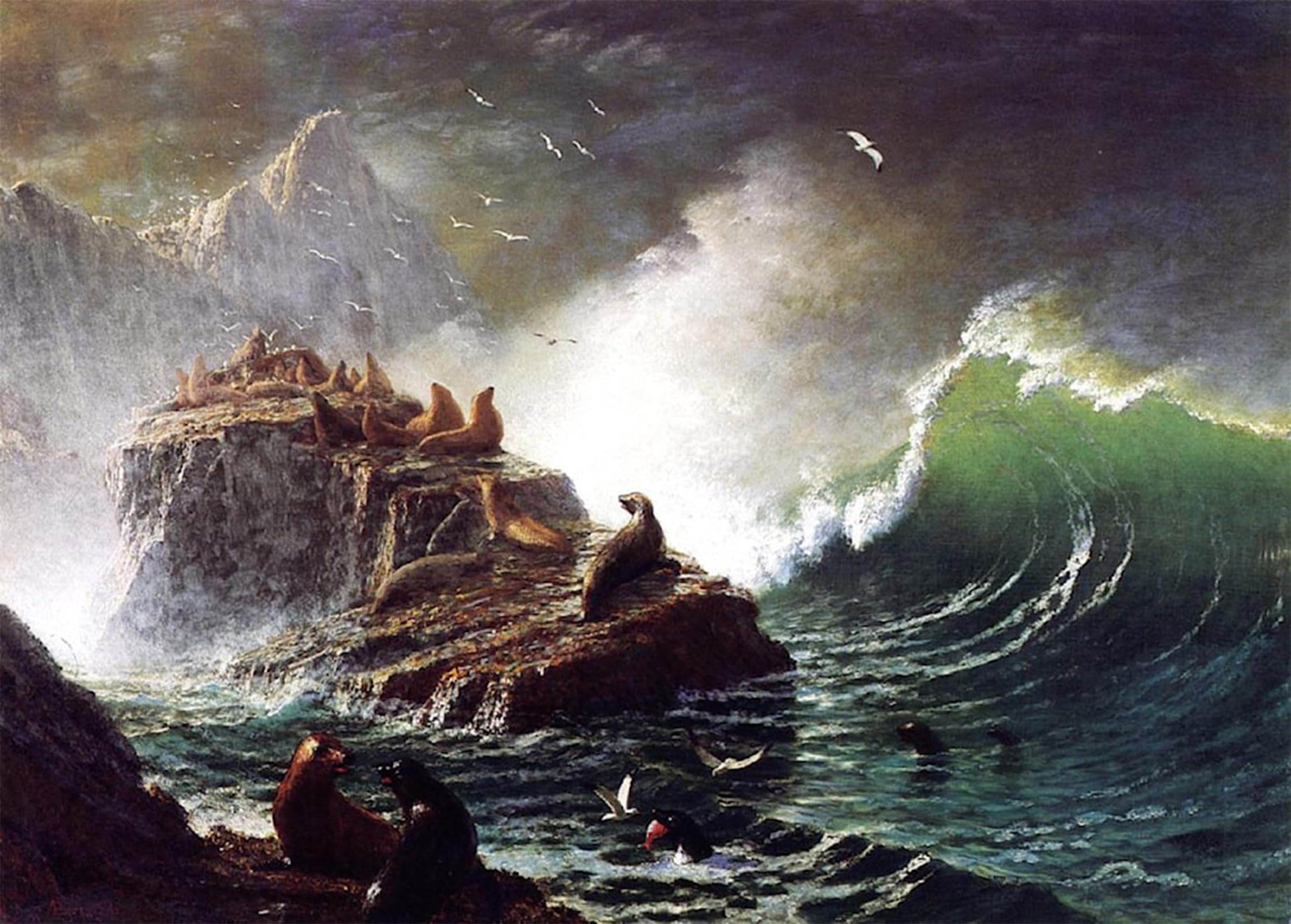SERENDIPITP Vintage Wall Art Canvas Nordic Poster Canvas Print Picture Seals on the Rocks Farallon Islands by Albert Bierstadt Wall Art Poster for Home Decor 60x90cm
