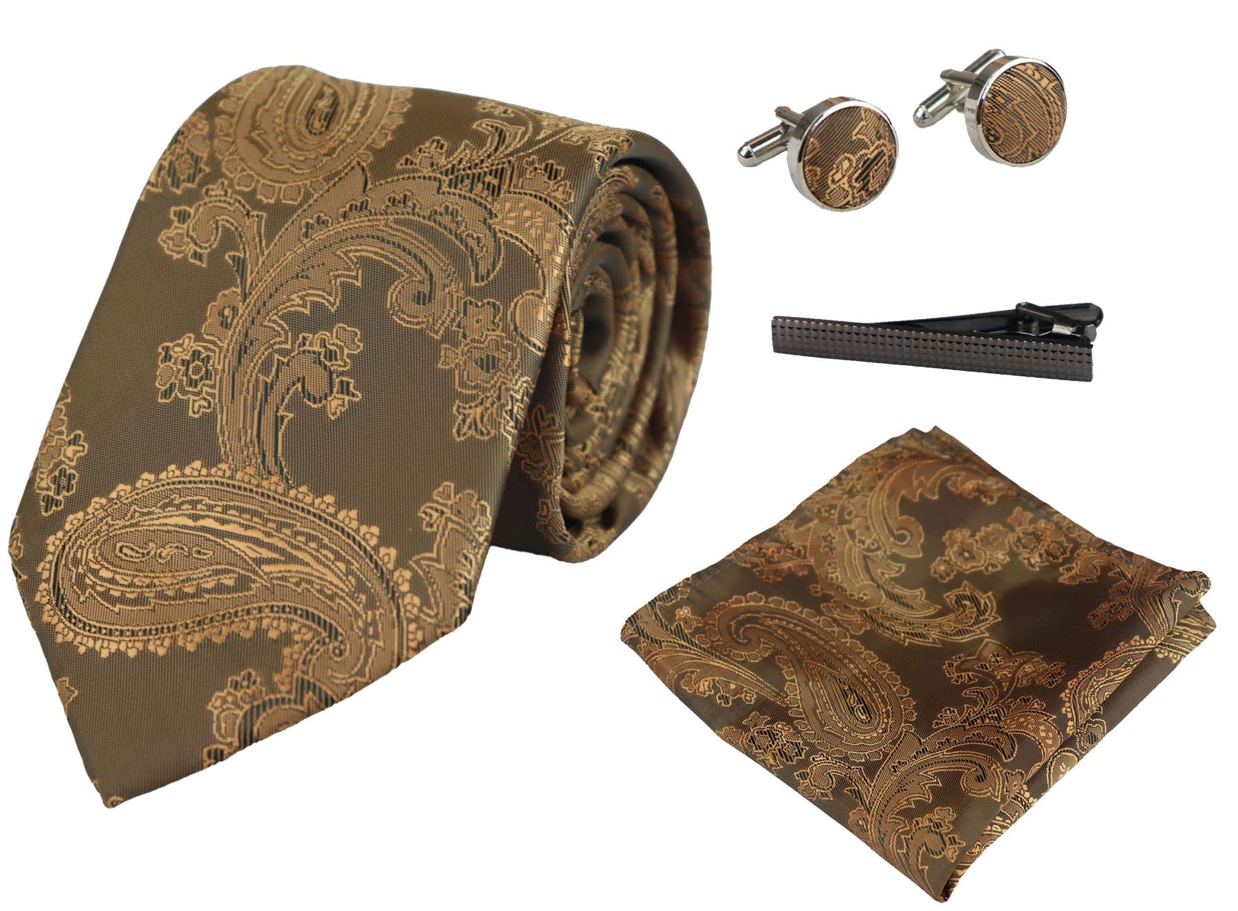 Paul Andrew Paisley Tie Pocket Square Cuff Links Set Bronze