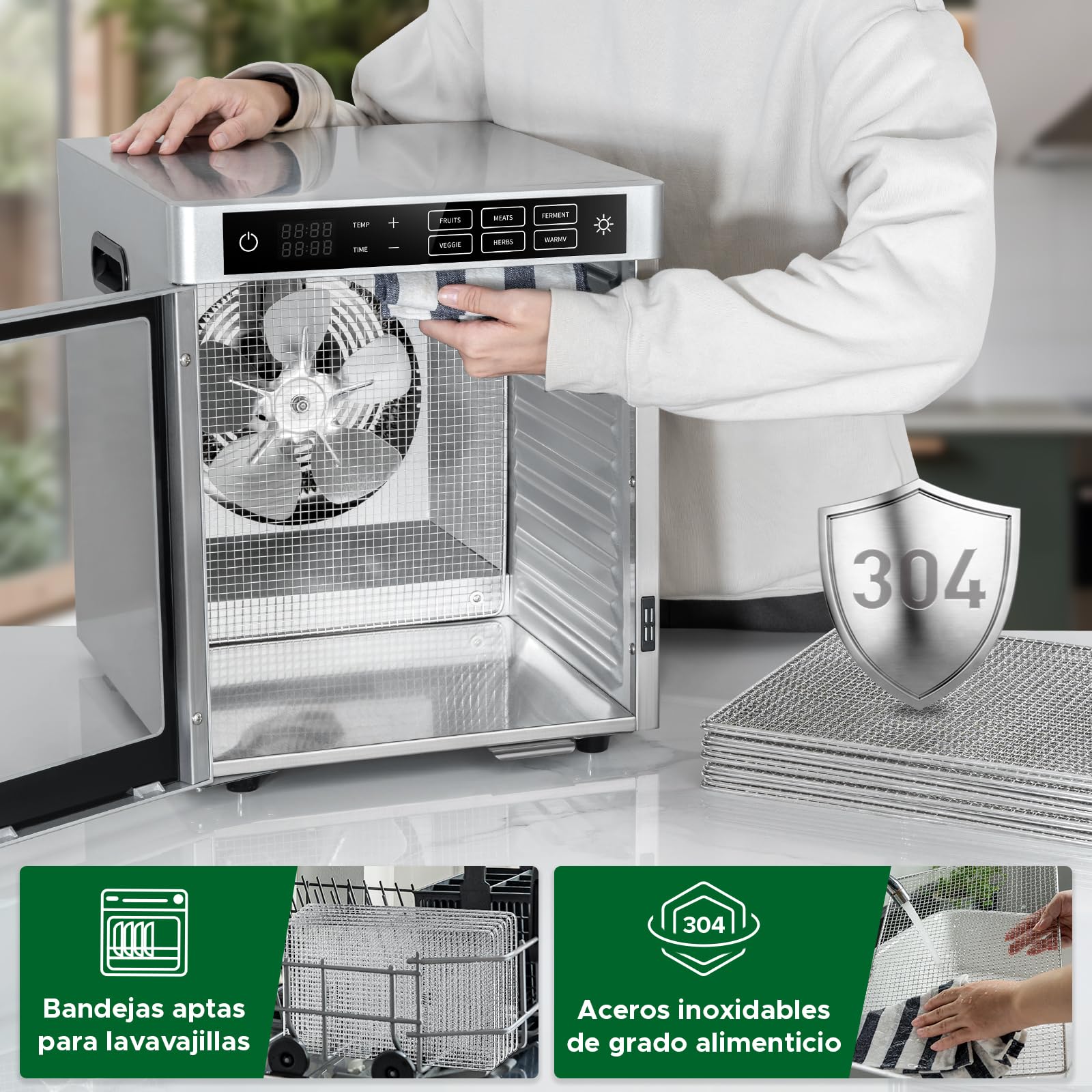 Kwasyo Deshidratador de Alimentos Acero Inoxidable 12 Bandejas, 6 Funciones Preestablecidas, Deshidratador de 800W, 6 Tapetes de Silicona, 2 Tarros, 2 Bandejas para Rollos de Frutas, Receta Incluida