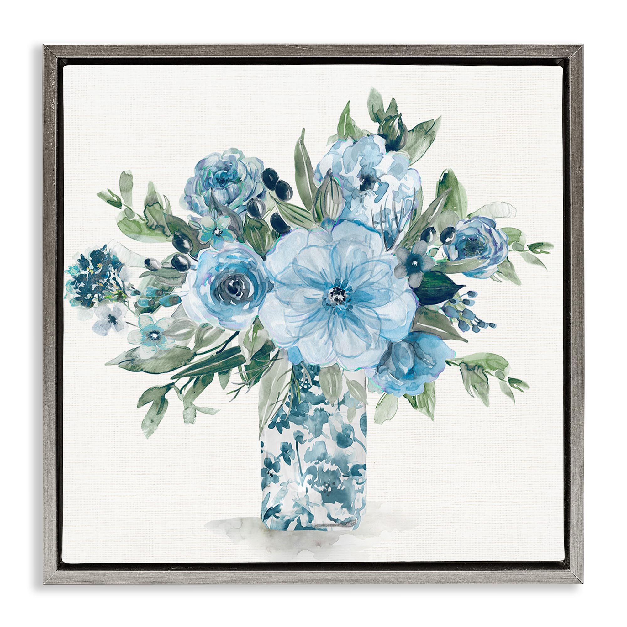 Stupell Industries Luster Gray (Matte) 'Pastel Blue Bouquet Foliage'| Floating Frame Canvas Art