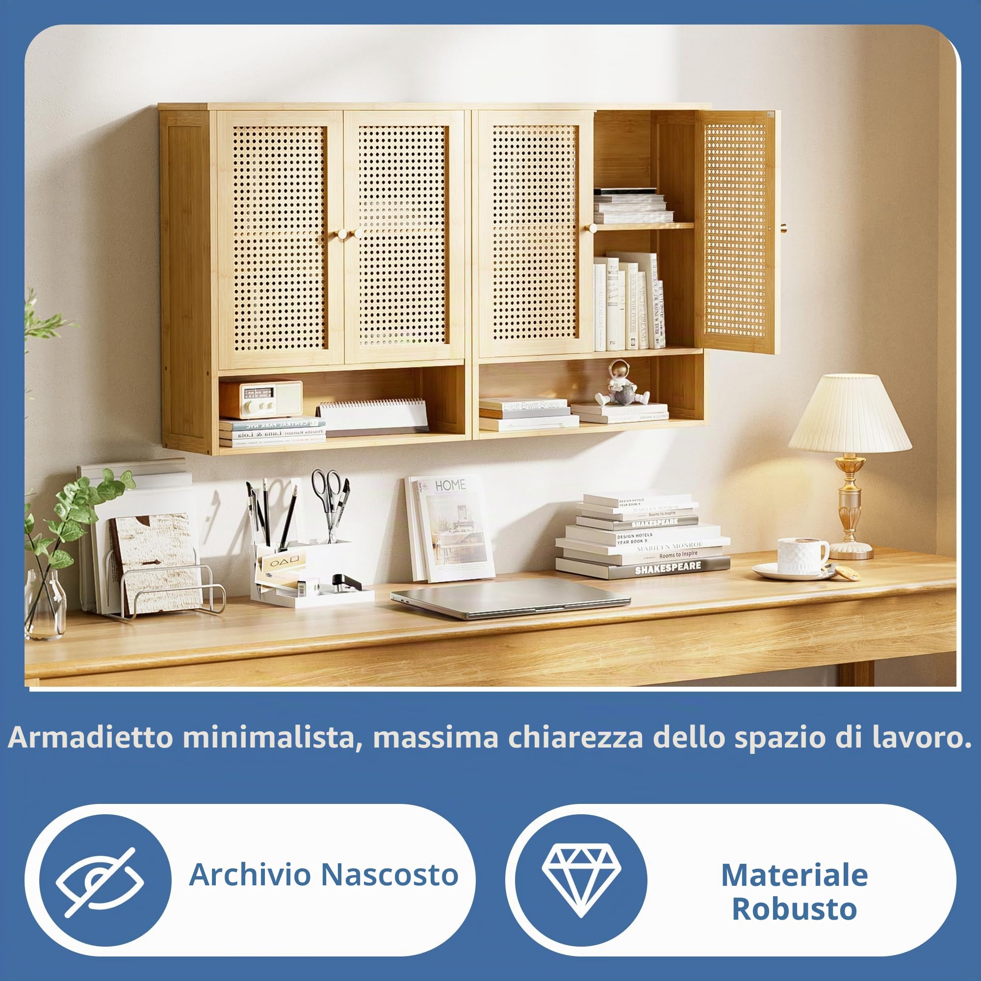 HITNET Mobile Bagno Sospeso in Rattano, Armadietto da muro bagno in Bambù con Ante Doppie e Ripiani Regolabili, Archiviazione sopra il Water per Cucina, Soggiorno, Lavanderia, Naturale‌