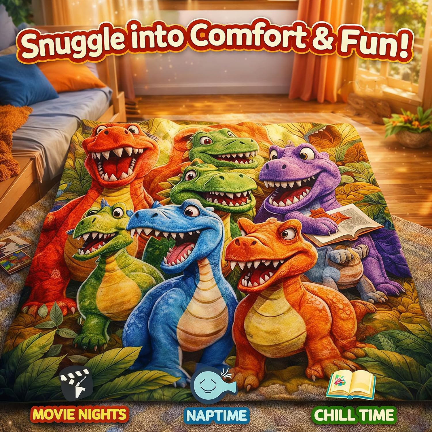 3D Dinosaur Blanket, Cartoon Dinosaur Flannel Throw Blanket for Kids Boys Girls, Cute Smiling Dinosaurs HD Digital Print, Ultra Soft Lightweight All-Season Fleece Blanket (60 * 80in)