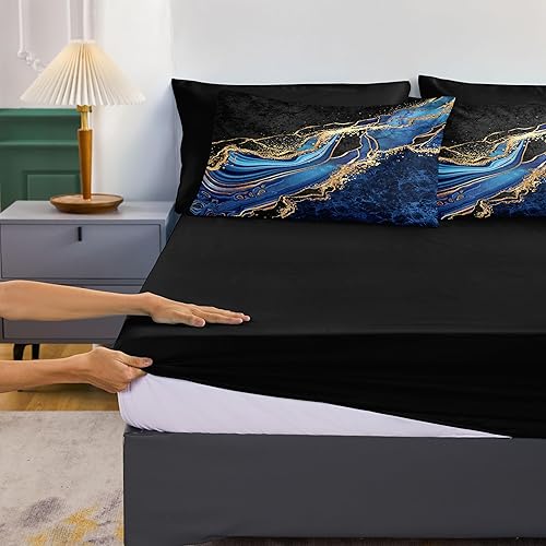 Miniatura 6 de Juego de edredón de mármol azul de 8 piezas, ropa de cama matrimonial en una bolsa con 1 edredón negro y azul, 1 sábana encimera, 1 sábana bajera, 4