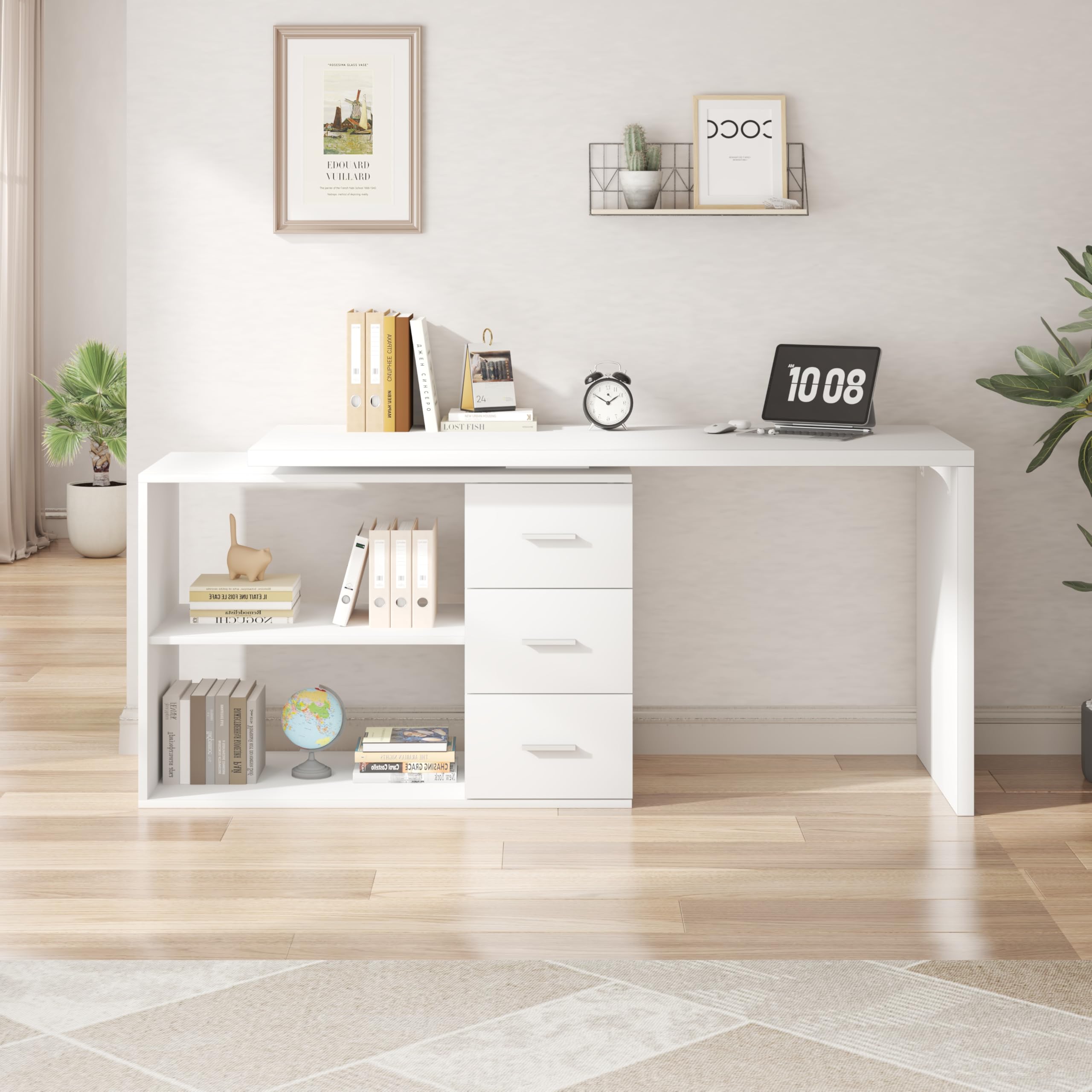 HSH 140cm Schreibtisch l Form Modern Eckschreibtisch Weiß für HomeOffice | Computertisch mit 3 Schubladen und 2 Regalen Wendbarer Eckschreibtisch mit Stauraum für Homeoffice Bürotisch