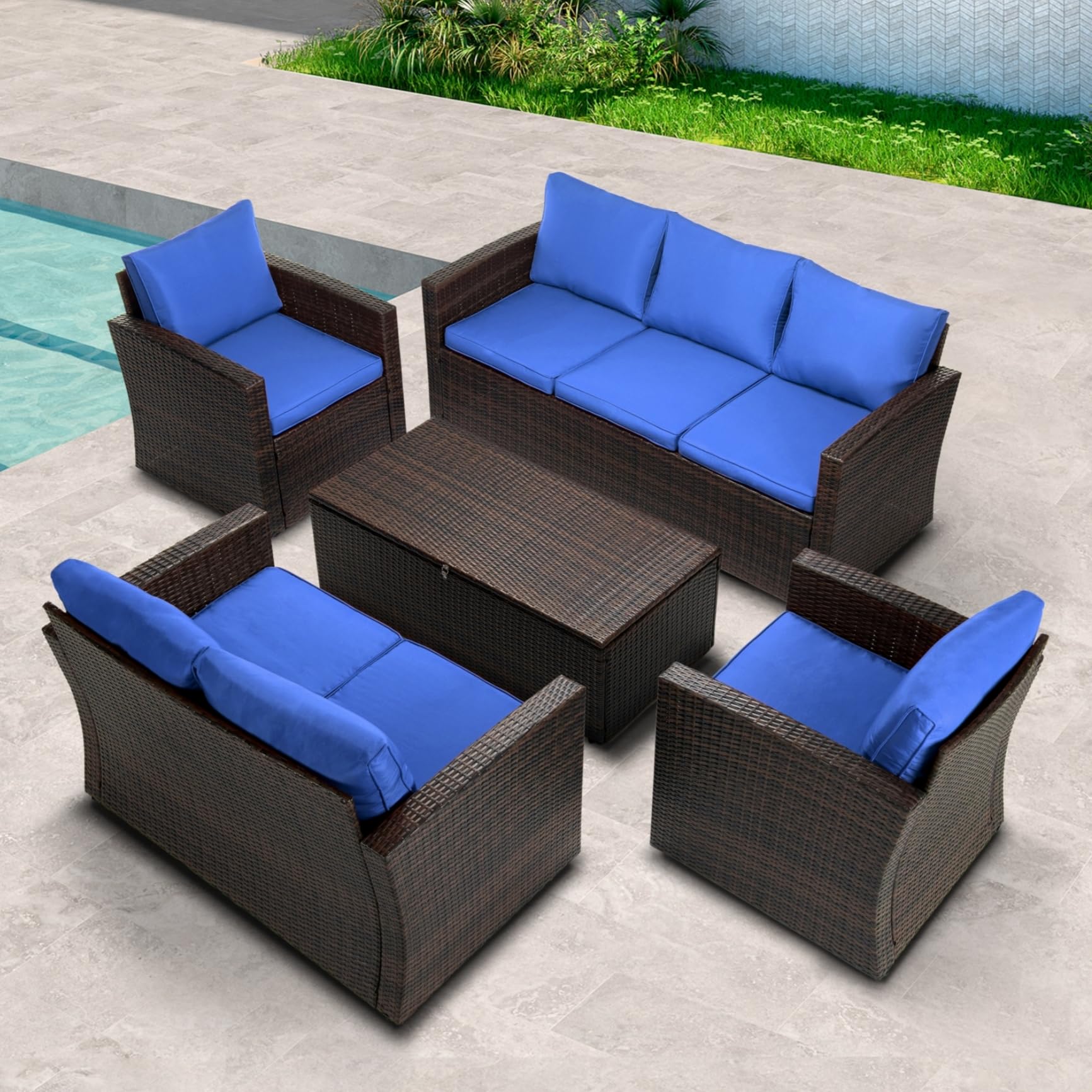 5 Pieces Wicker Patio Conversation Set, All Weather PE Rattan Sectional Sofa with Storage Coffee Table, Outdoor Furniture Sets for Porch, Poolside, Garden,Backyard (Blue)