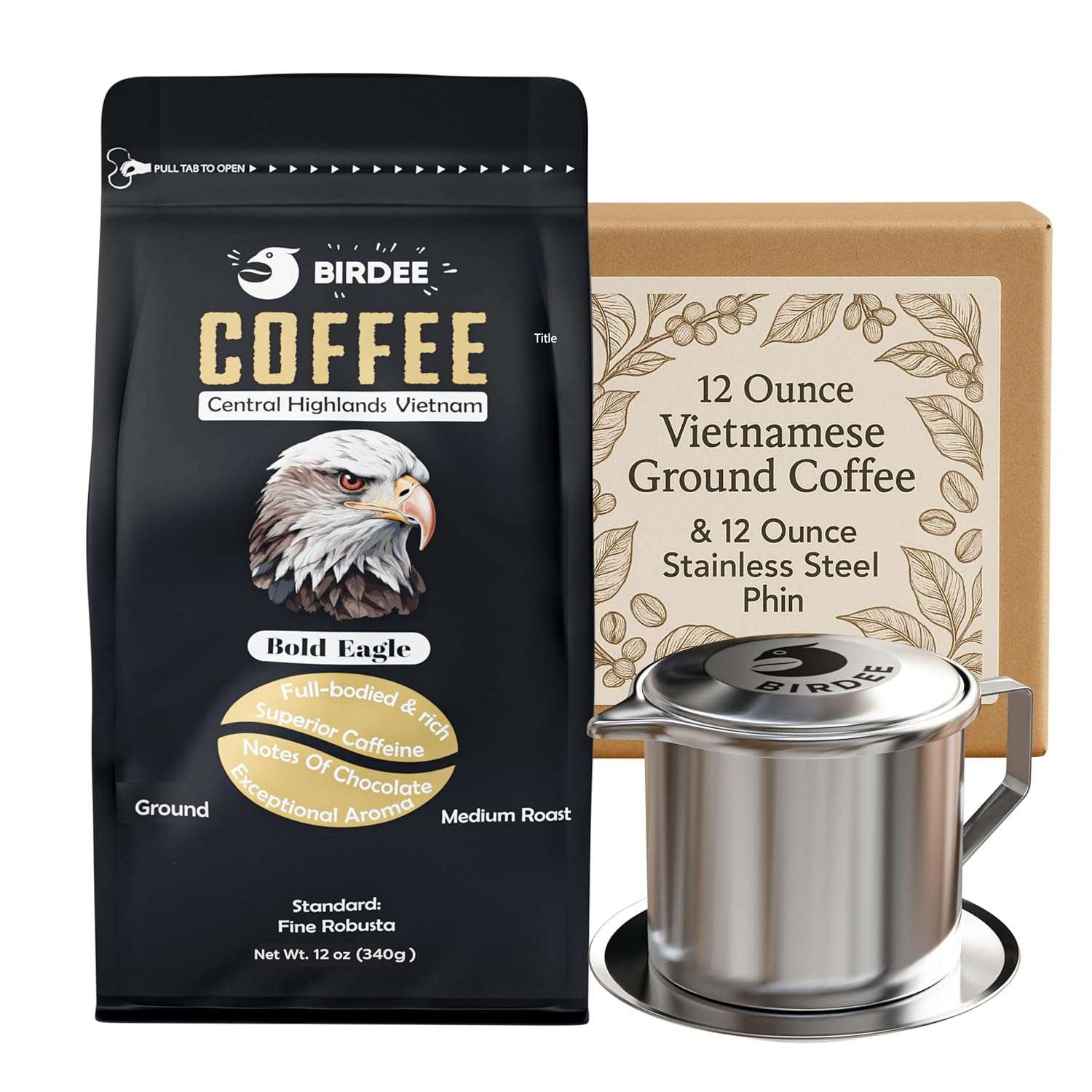 Birdee Vietnamese Coffee Gift Set - 12 Ounce 100% Robusta Ground & 12 Ounce Stainless Steel Phin Filter, Meets Fine Robusta Standard, Ideal for Strong Coffee Lovers, Bold, Smooth Hand Picked