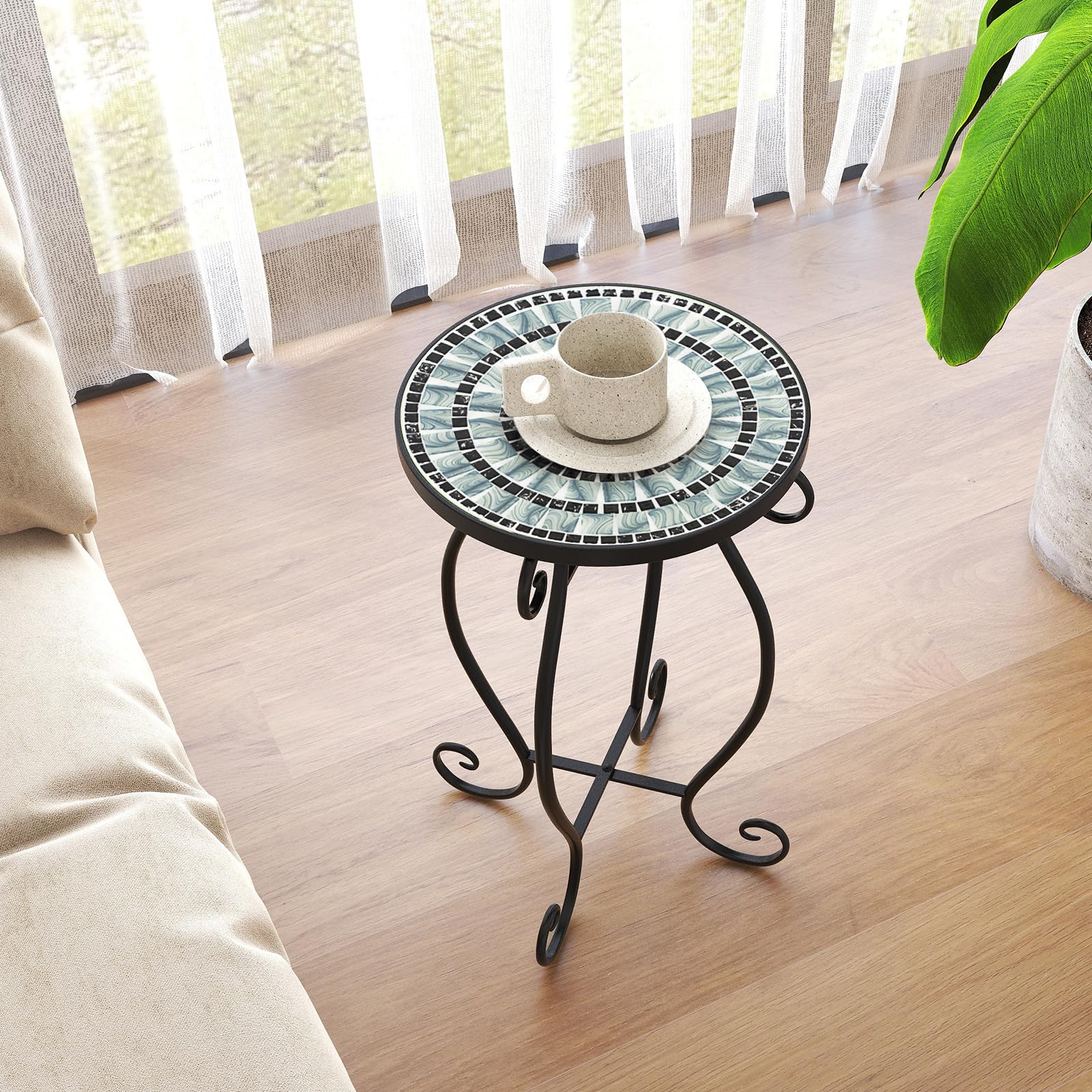 GYMAX Tavolino da Esterno ∅30 x 50 cm Mosaico, in Metallo, Rotondo,Ideale per Giardino, Balcone, Cortile e Bar (Stile 3)