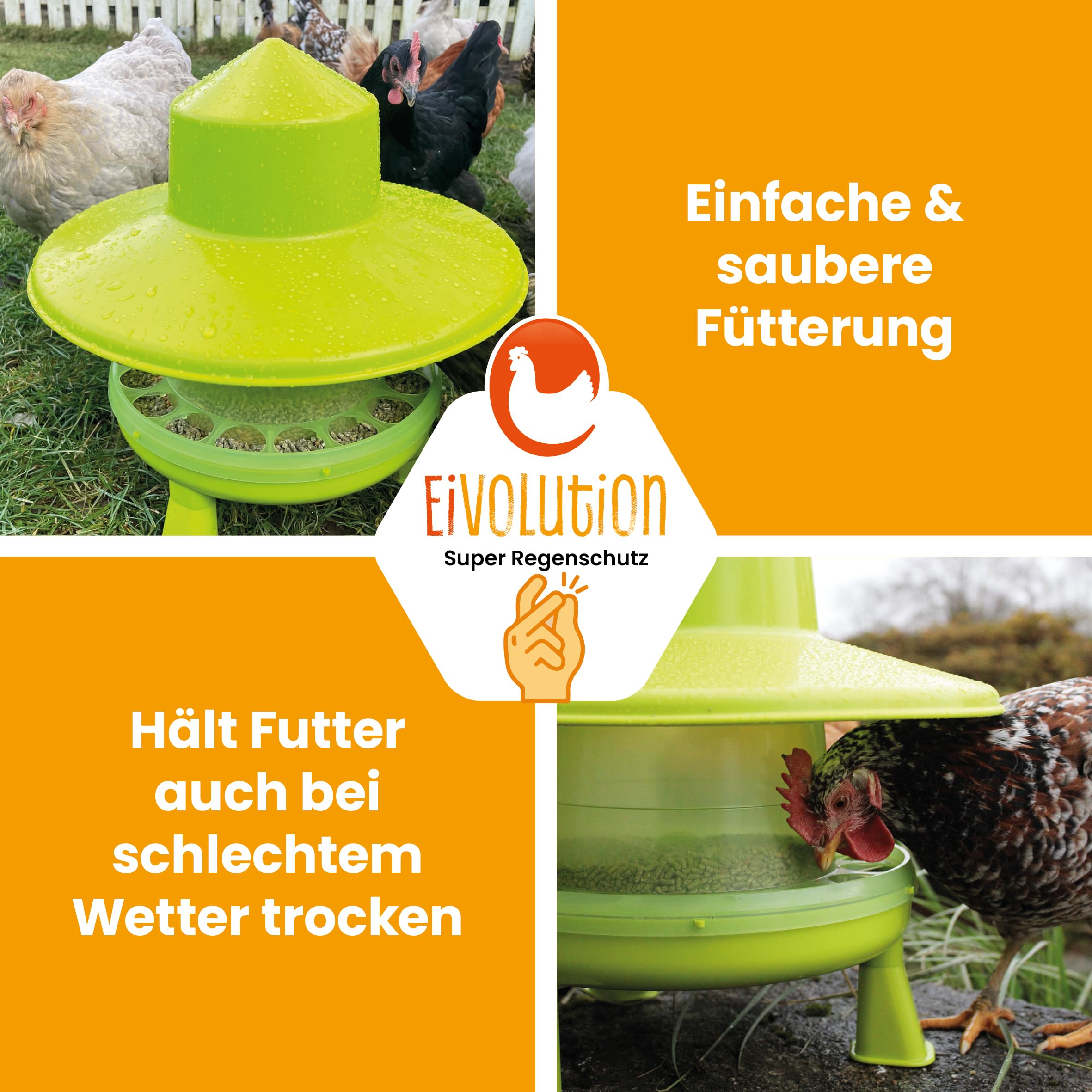 Futterautomat 4 kg - Kunststoff - mit Beinen und Regenhut, für Hühner, Geflügel - trockenes Futter