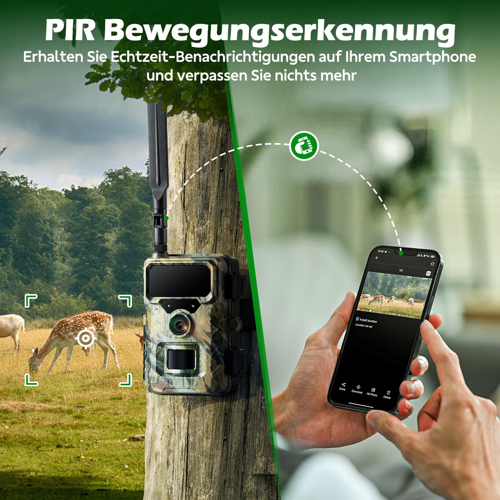 VOOPEAK 4G LTE Wildkamera mit SIM Karte, Wildtierkamera mit Handyübertragung App, 32MP 1080P Jagdkamera mit unsichtbarer Nachtsicht, 120° Weitwinkel, IP66 Wasserdicht Kamera für Wildbeobachtung