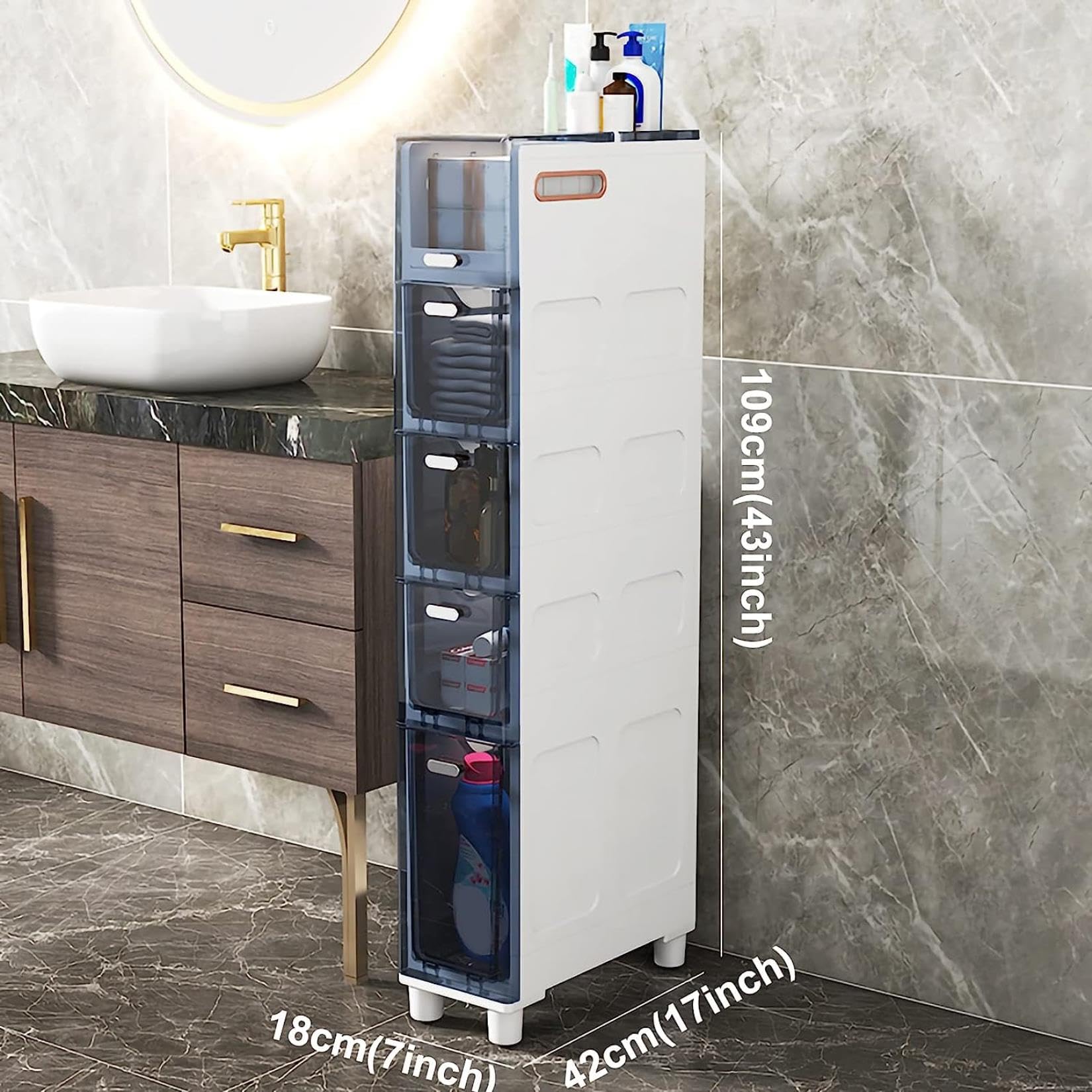 Cajones de almacenamiento apilables, gabinete de piso de baño Estrecho de 5 niveles, gabinete de almacenamiento de inodoro Delgado, Torre de almacenamiento con cajones TR