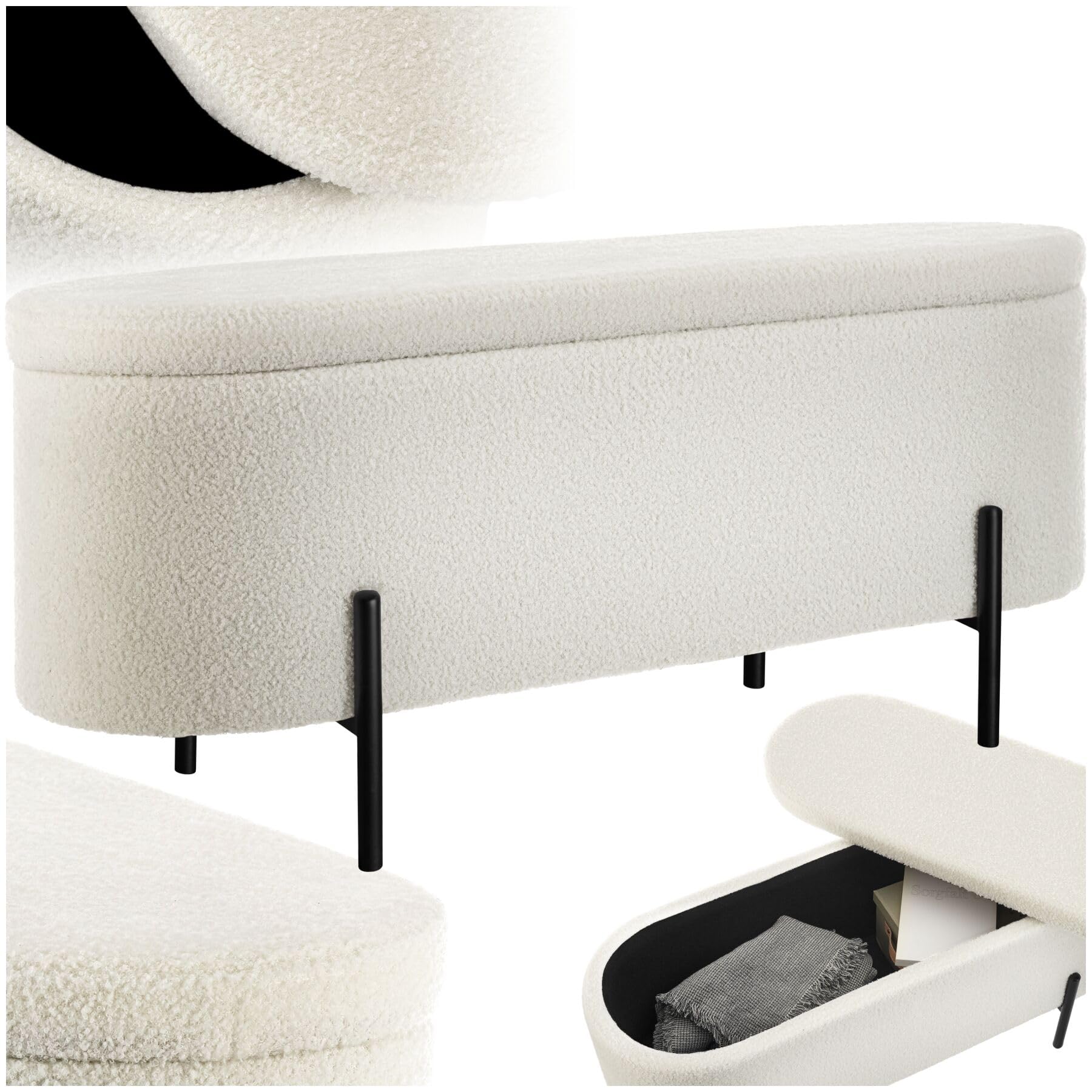 tectake® Panca Imbottita in Tessuto Bouclé, Panca Contenitore con Pratico Spazio Interno, Panca Comoda Pouf Contenitore con Gambe in Acciaio, Panca da Ingresso Design Scandinavo - Crema/Bianco