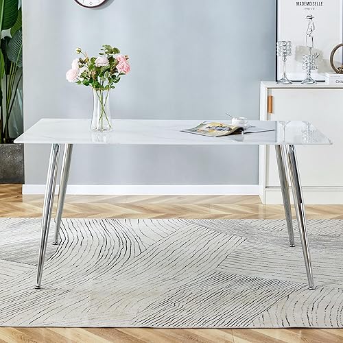 Miniatura 7 de Rophefx Mesa de comedor blanca de 63 pulgadas para 6-8 pulgadas, mesa de cocina moderna con acabado de mármol blanco, patas de metal plateado, mesa