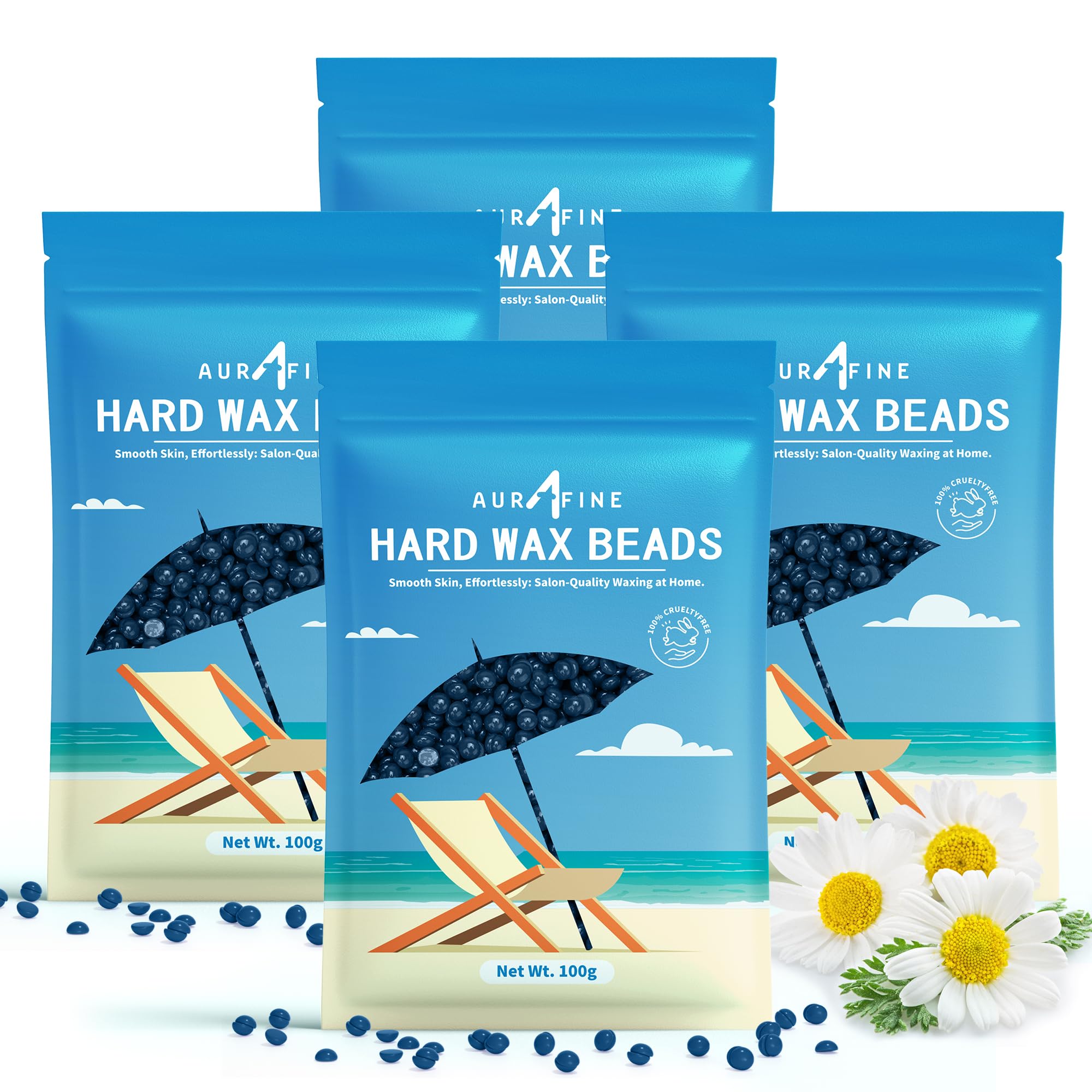 AURAFINE Hard Wax Beads, 4 Packs of 100g Bikini Wax for Sensitive Skin, Waxing Beads for Full Body Brazilian Bikini Face Eyebrow Underarms, Arms at Home Wax Refill for Women Men