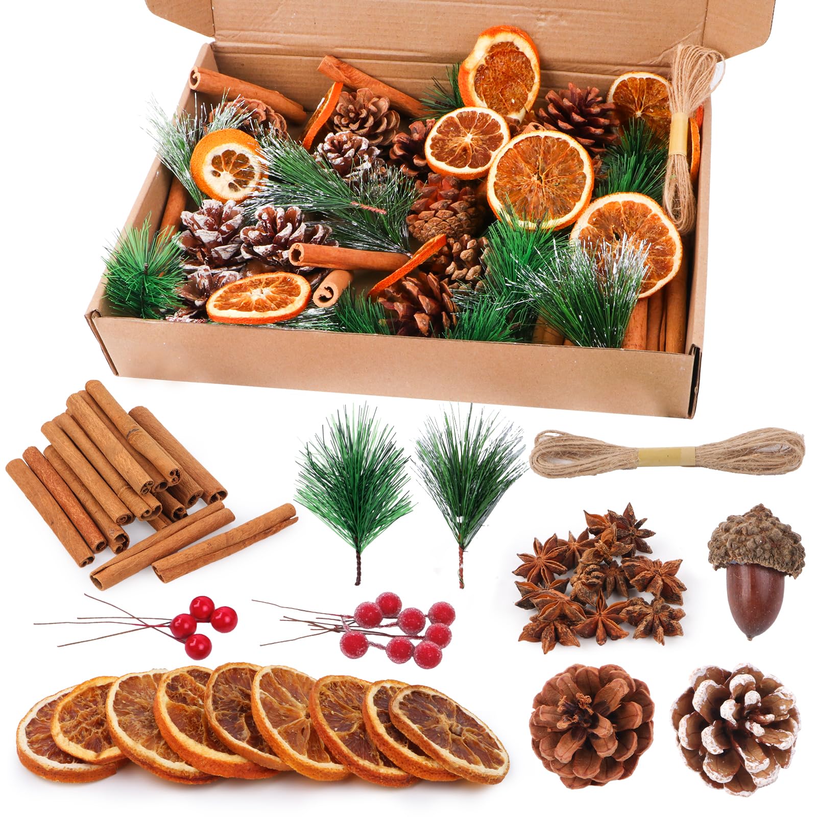 Joxessaien 198 Pcs Christmas Wreath Decoration Set – Dried Orange, Cinnamon, Star Anise, Walnuts, Oil Pine Cones, Berries, Pine Branches & Twine