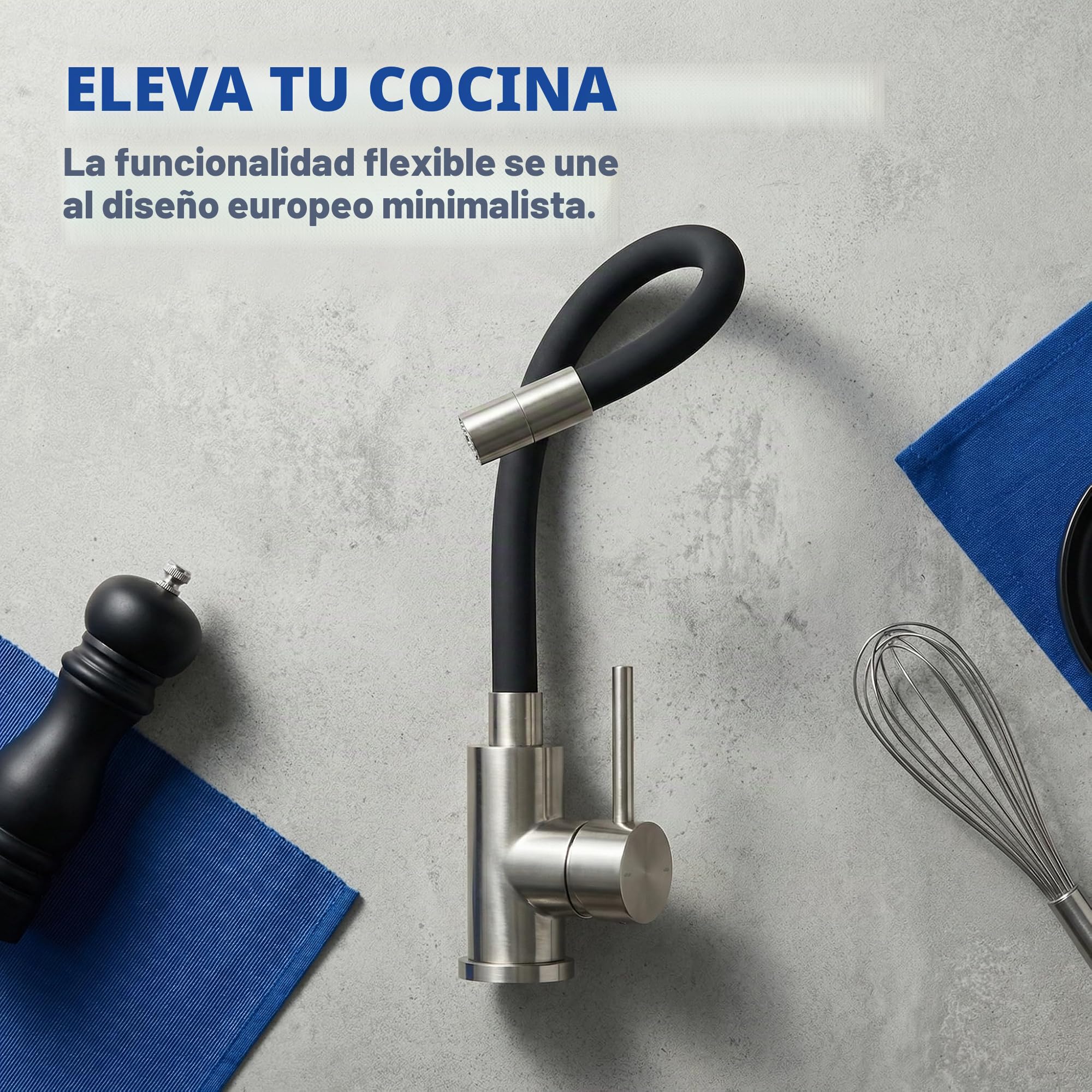 Grifo Cocina Flexible Negro, Grifos Cocina Fregadero con 2 Tipos de Chorro, Grifo de Cocina de Alta Presión, Giratorio 360°, Monomando de Acero Inoxidable