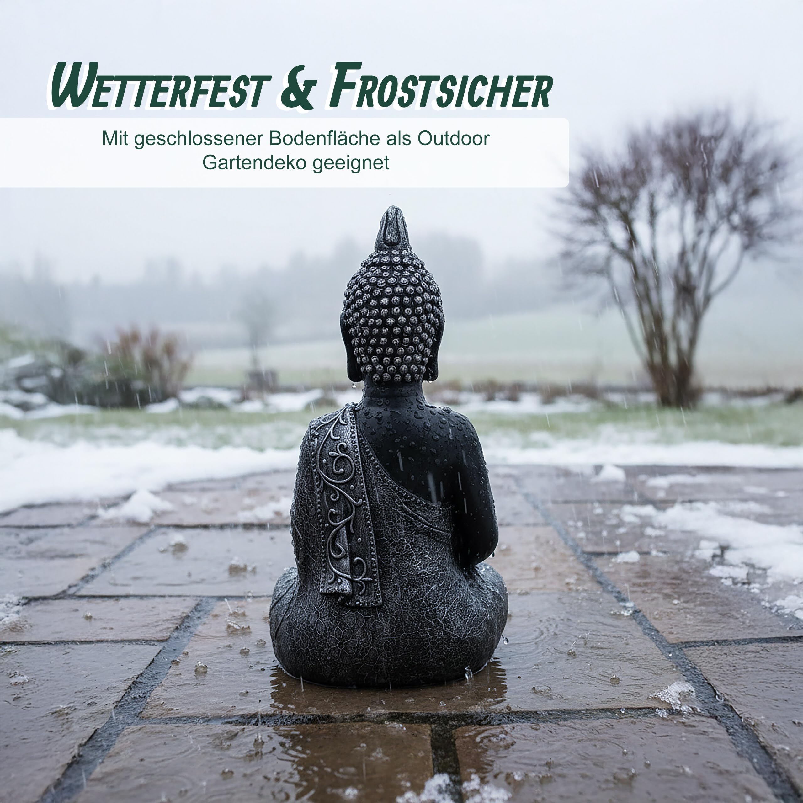 Relaxdays Buddha Figur sitzend, 45 cm, Gartenfigur, Vintage Dekofigur Wohnzimmer, wetterfest, frostsicher, anthrazit