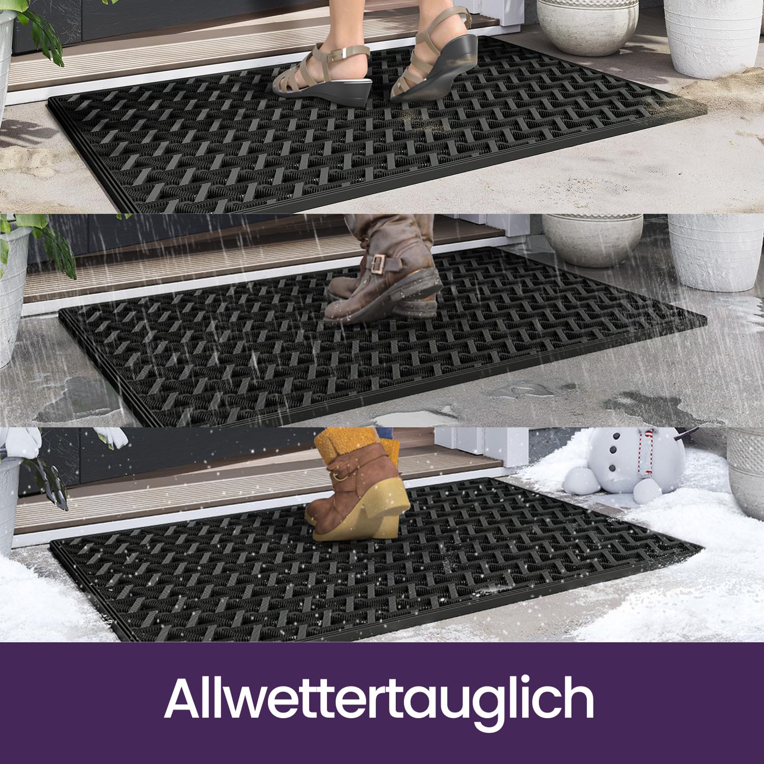 DEXI Fußmatte Außen 48,5 x 75 cm, rutschfeste Schmutzfangmatte mit Drainagelöchern, Wasserdicht & Wetterfest, Robuste Türmatte für Haustür, Eingang, Terrasse & Balkon, Schwarz