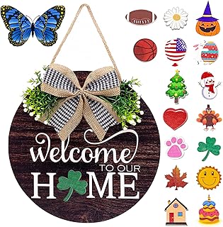 SNILOAW Interchangeable Welcome Sign Wreaths for Front Door - Seasonal Round Wood Door Sign, Farmhouse, Porch Wall Outdoor Hanging, for Halloweenï¼ŒChristmasï¼ŒNew Home Housewarming Decor Wreath Gift
