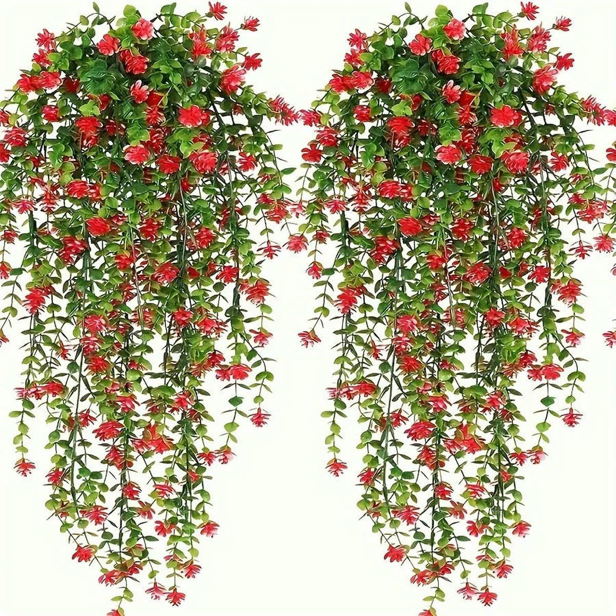 Ayhtud Red 3Pcs, Artificial Hanging Plants Fake Hanging Plant Faux Eucalyptus Leaf Greenery Vine Outdoor Resistant Plants-3Pcs