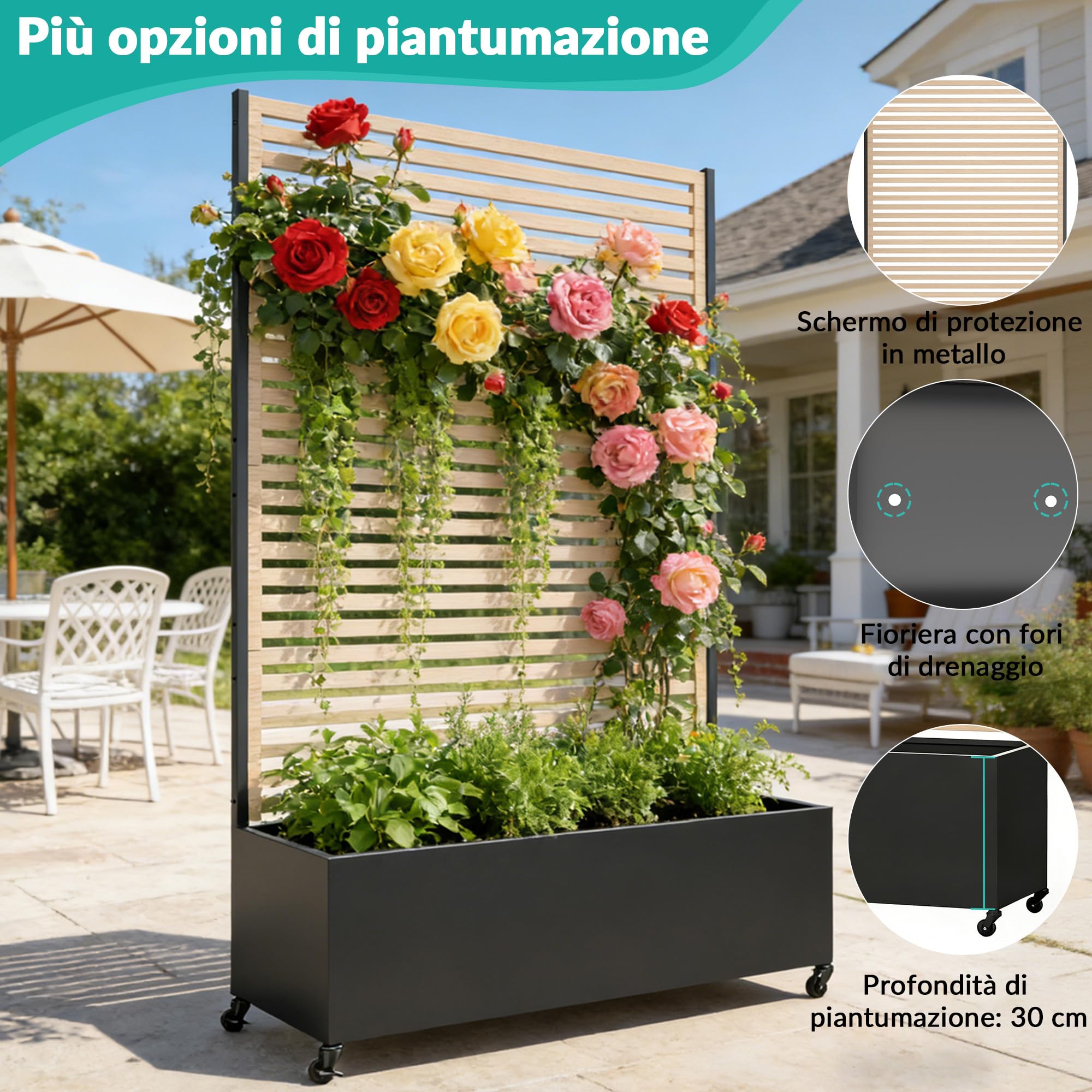 Fioriera da esterno in metallo con traliccio, aiuola rialzata in metallo con ruote, fioriera da esterno indipendente con schermo per la privacy, per fiori, verdure in giardino, patio, balcone