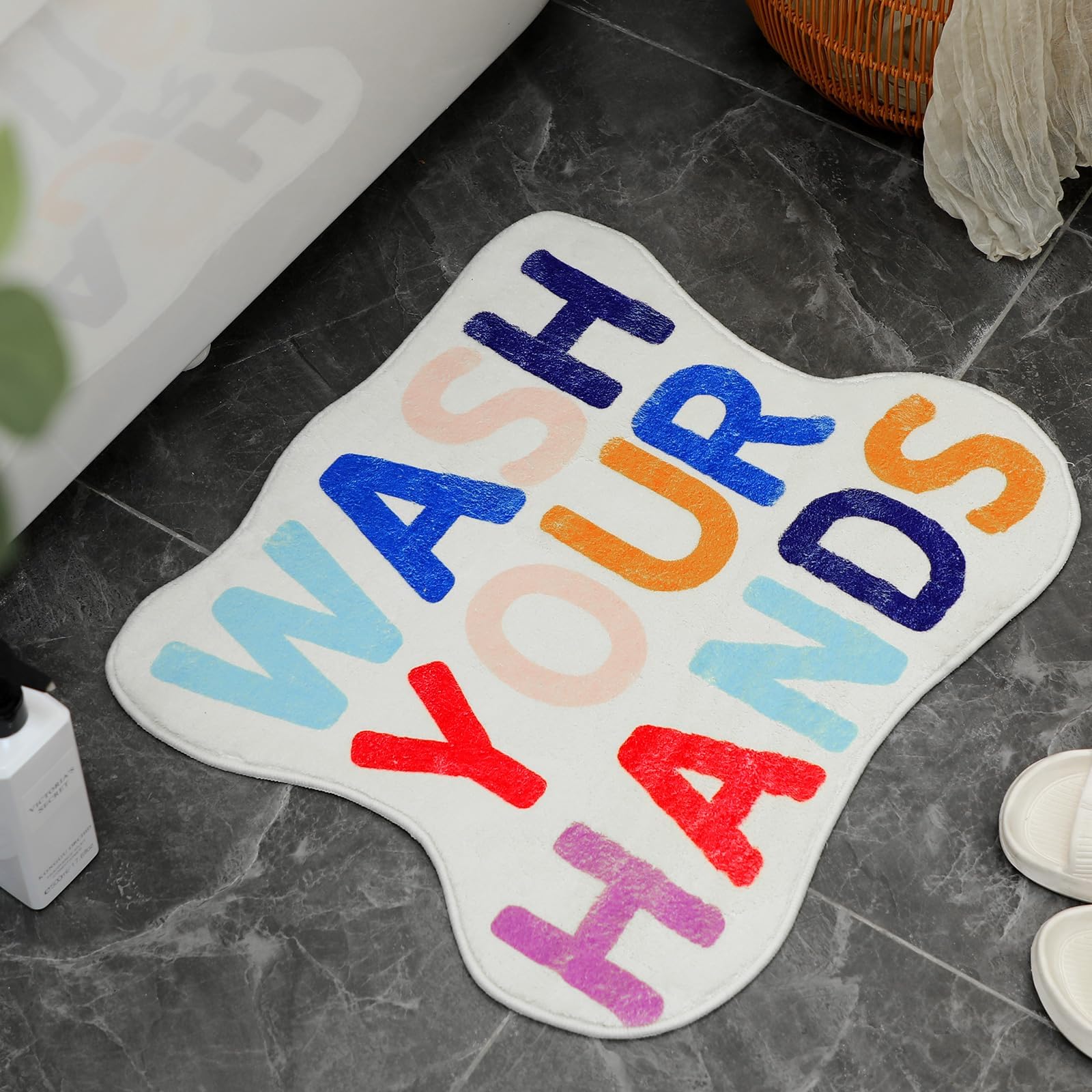 Drydiet Wash Your Hands Wave Funny Bath Mat 24 x 20 Inch Cute Bath Rug Non Slip Novelty Bathroom Rug Fun Colorful Shower Mat Absorbent for Tub Floor Bathroom(White)