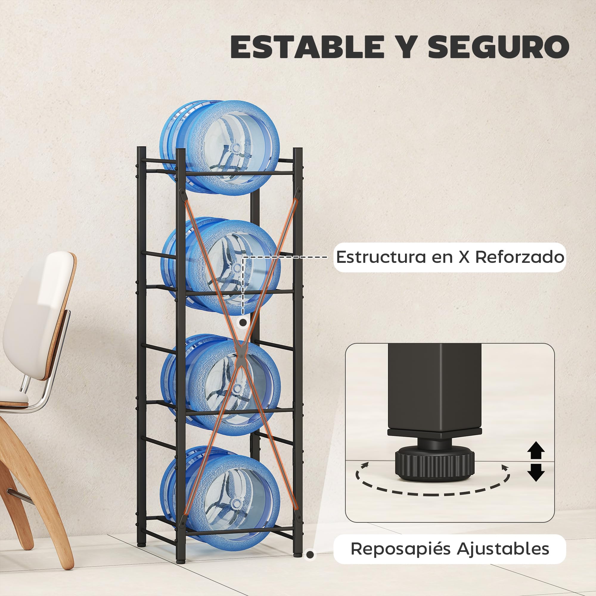 HOMCOM Soporte para Garrafones de Agua de 4 Niveles Estante de Almacenamiento para Botellas de Agua con Estructura de Metal Reforzada para Cocina Comedor Sala de Estar Negro