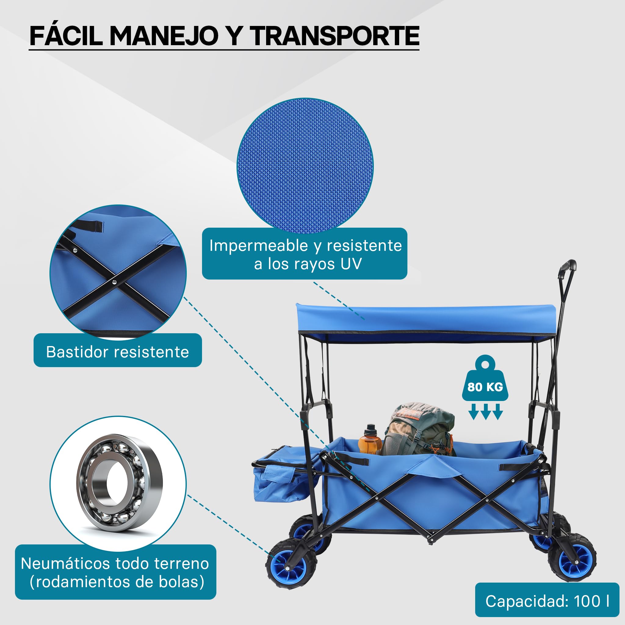 Carrito Plegable de Mano con Capota Amplia Superficie de Carga Carro Transporte Carrito de jardín