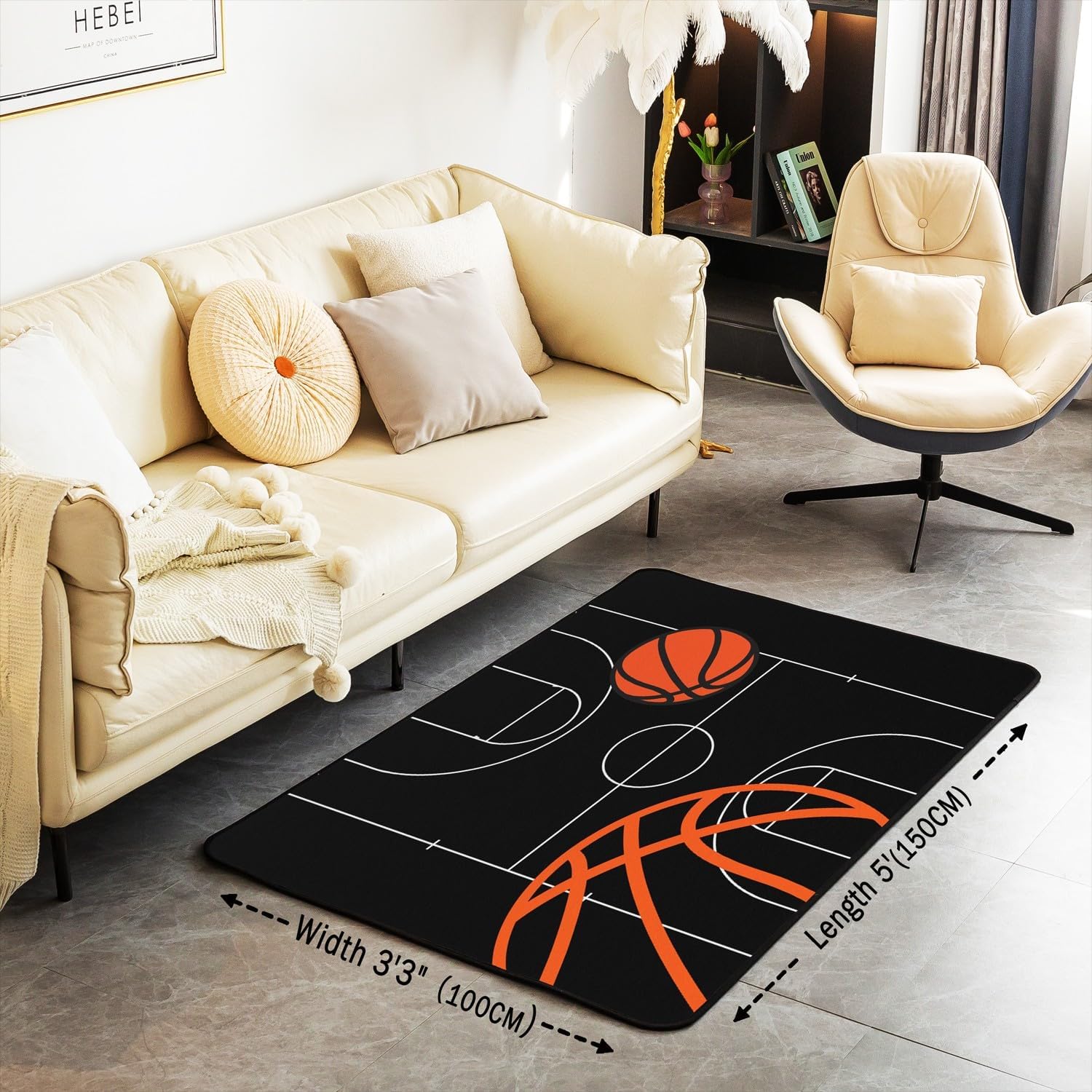 Basketball Area Rug 5x7 Kids Basketball Court Decorative Carpet for Boys Girls Teens Gaming Sports Rugs for Living Room Bedroom Non-Slip Sports Theme Black Indoor Floor Mat Room Decor Accent Rug