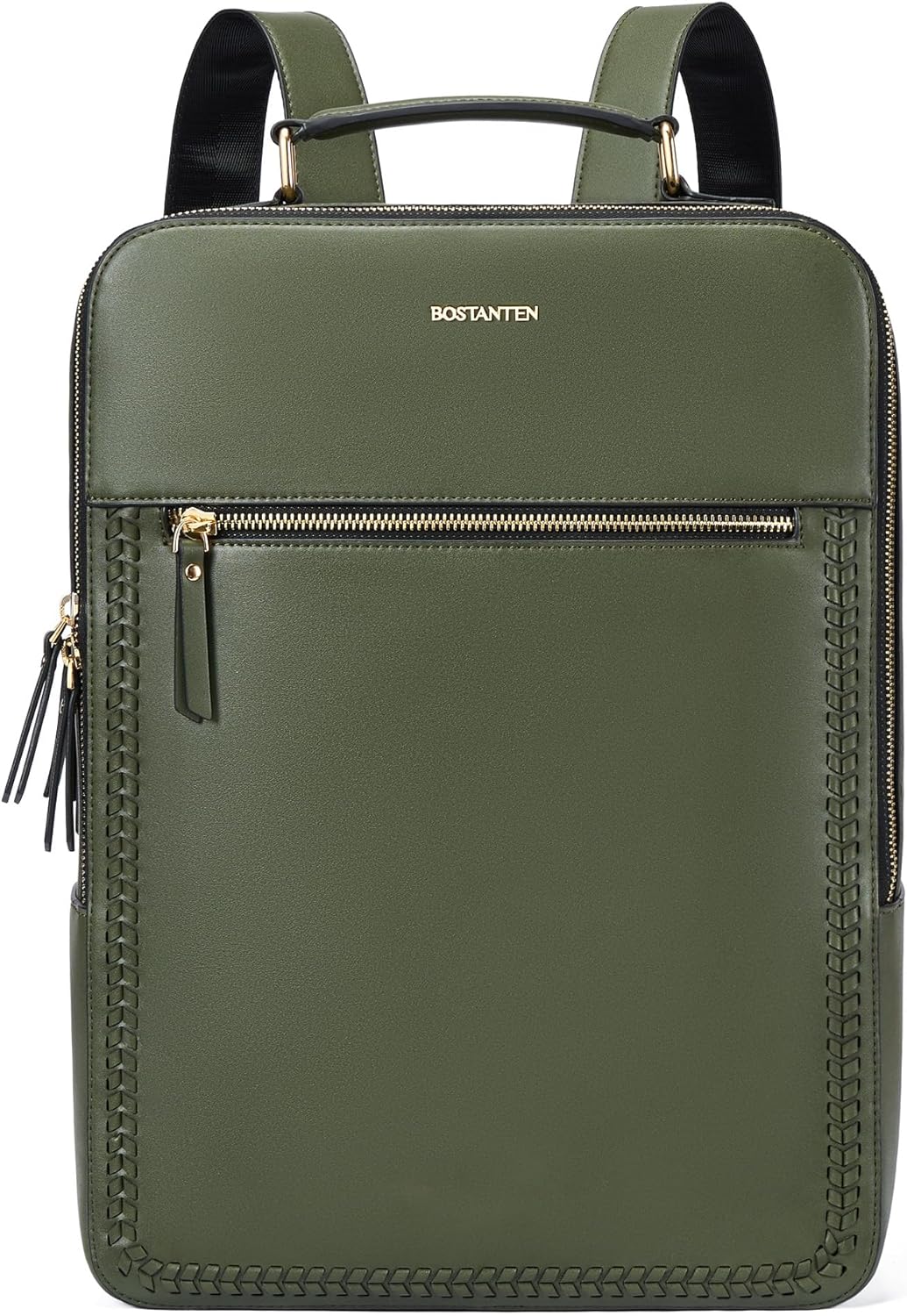 BOSTANTEN Leather Backpack 15.6 inch Laptop Bag Travel Casual Computer Backpack College Business Work Shoulder Bags with Trolley Sleeve for Women Men Olive Green