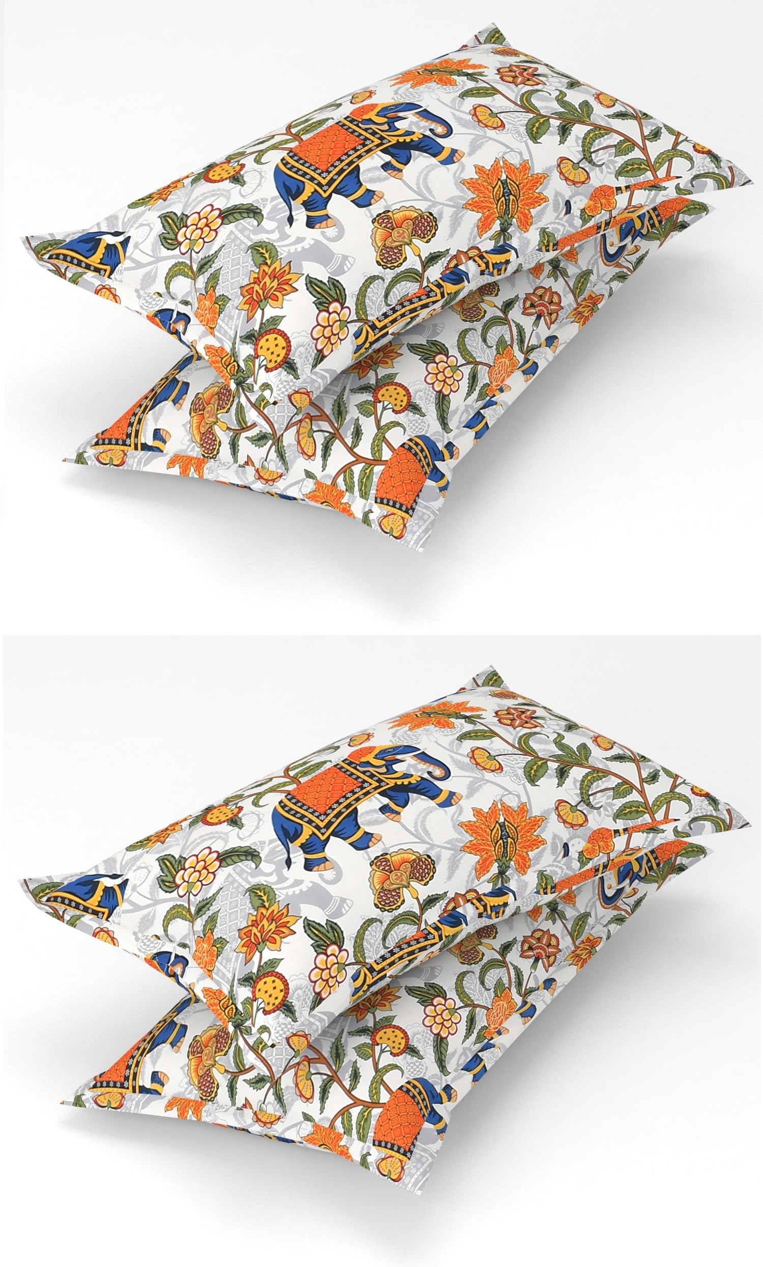 Homefab India 4 Piece Printed Glace Cotton Pillow Covers - Grey, Orange, Jaipuri Print