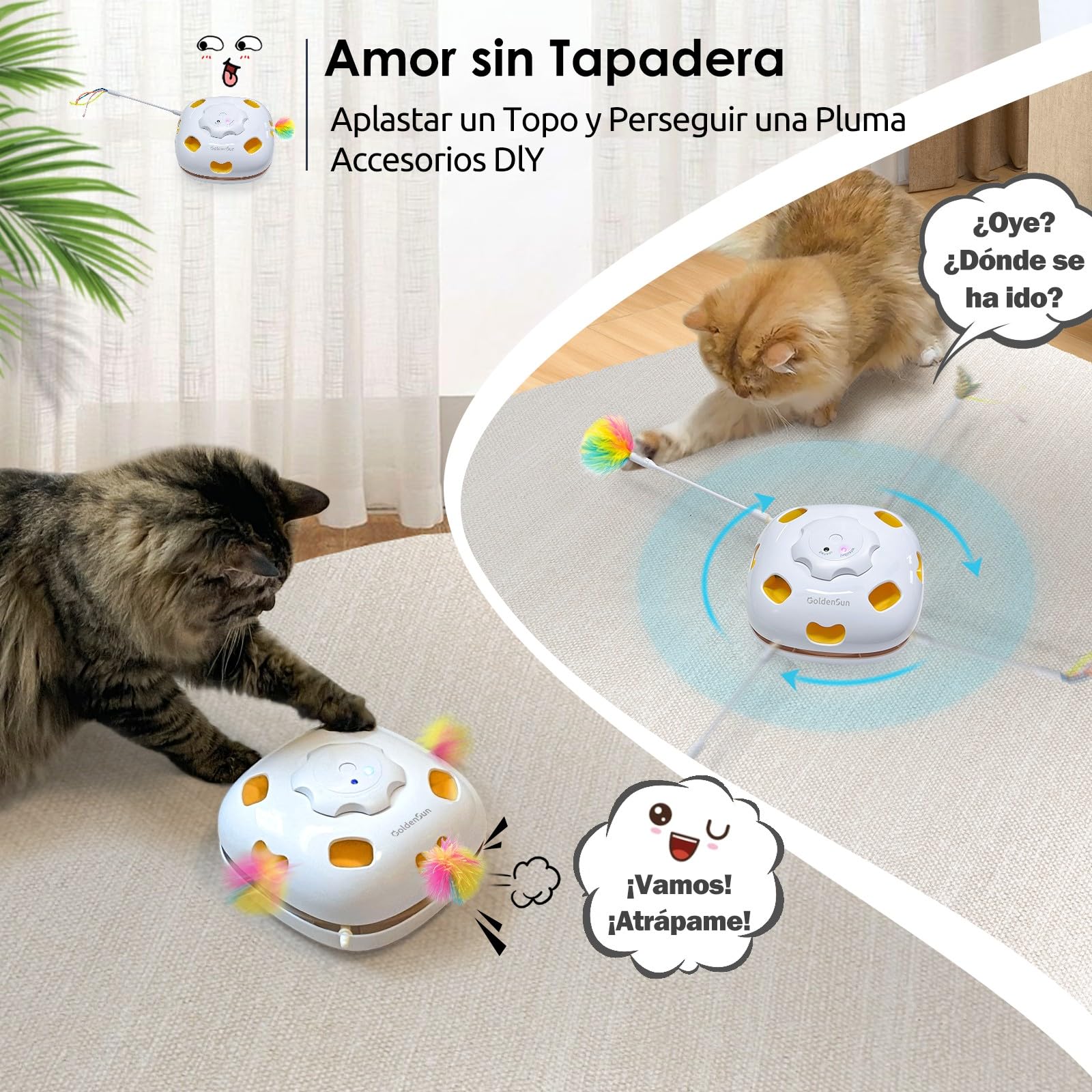 Juguete Interactivo Automático Para Gatos - Bola Con Plumas, 4 Modos De Movimiento, Activación Por Tacto O Sonido, Recargable USB, Silencioso