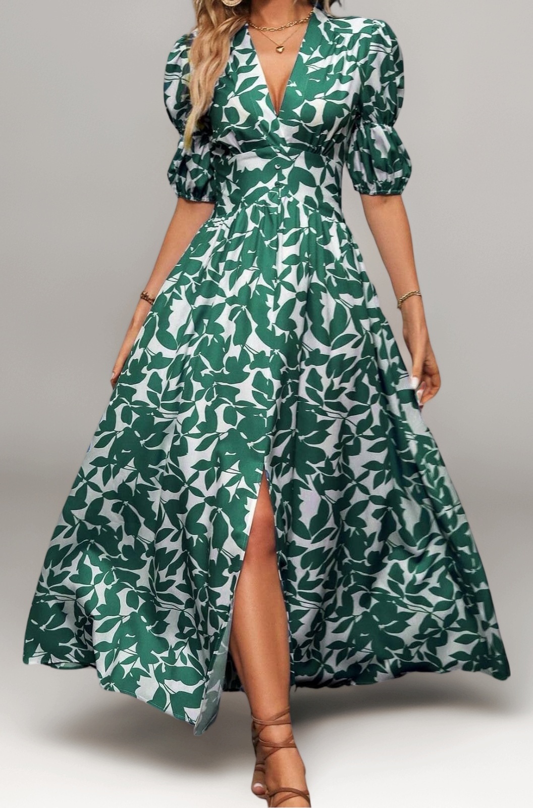 GRECIILOOKS Women's V-Neck Slit Maxi Dress Printed Boho Style, Short Sleeve, Tie Waist, Summer Casual Outfit