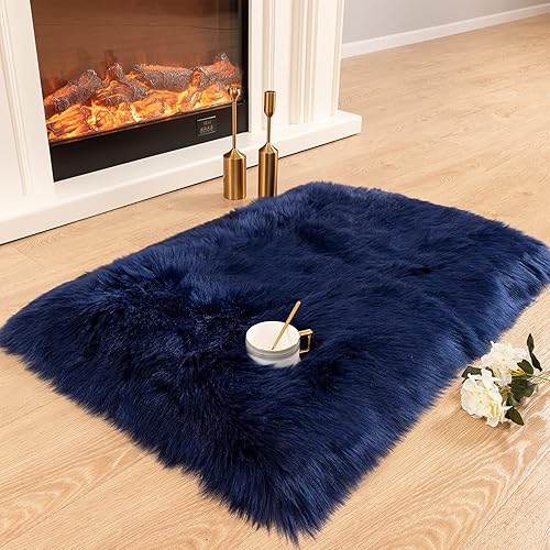Carvapet Soft Faux Sheepskin Fur Rug Rectangle Area Rug Bedside Carpet for Bedroom Floor Sofa Fireplace Mat Living Room (2 x 3 ft Rectangle, Navy)